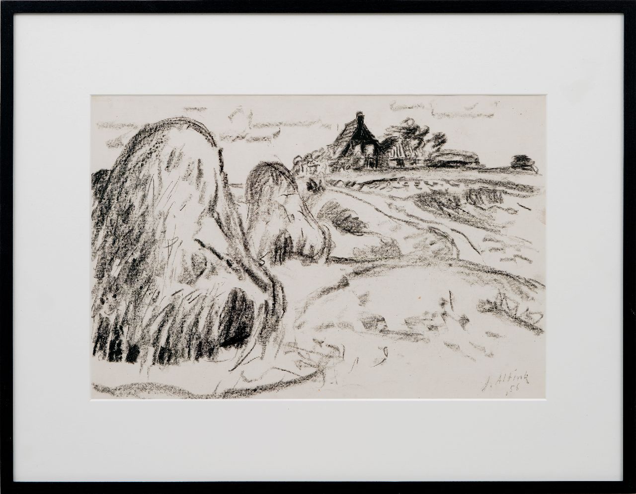 Altink J. | Jan Altink, Bauernhof mit Heuschupfen, Schwarze Kreide auf Papier 31,9 x 48,4 cm, Unterzeichnet u.r. und datiert '56 Altink J. | Jan Altink, Bauernhof mit Heuschupfen, Schwarze Kreide auf Papier 31,9 x 48,4 cm, Unterzeichnet u.r. und datiert '56