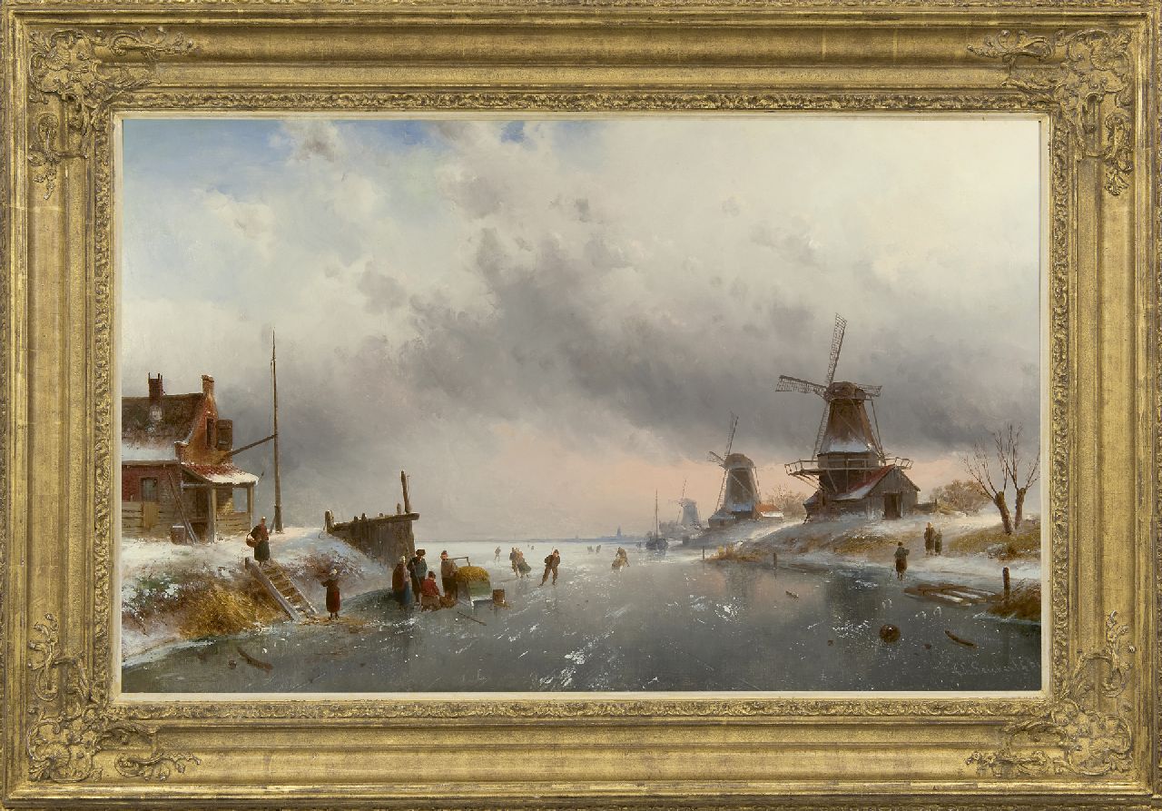Leickert C.H.J.  | 'Charles' Henri Joseph Leickert | Gemälde zum Verkauf angeboten | Winterlandschaft mit Figuren auf einem zugefrorenen Fluss, Öl auf Leinwand 61,9 x 100,2 cm, Unterzeichnet u.r. und datiert ' 81