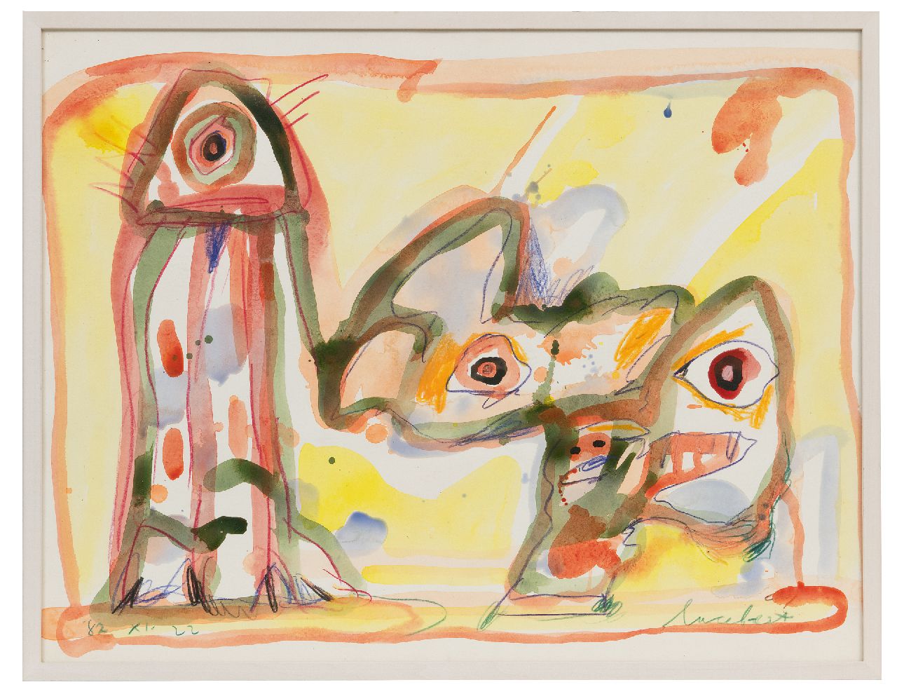 Lucebert (Lubertus Jacobus Swaanswijk)   | Lucebert (Lubertus Jacobus Swaanswijk) | Aquarelle und Zeichnungen zum Verkauf angeboten | Ohne Titel, Kreide und Aquarell auf Papier 65,4 x 49,8 cm, Unterzeichnet u.r. und datiert '82.XI.22