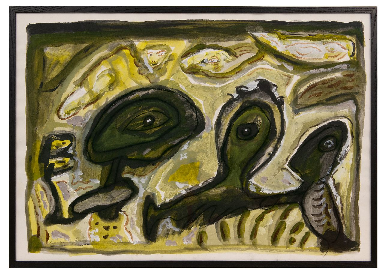 Lucebert (Lubertus Jacobus Swaanswijk)   | Lucebert (Lubertus Jacobus Swaanswijk) | Aquarelle und Zeichnungen zum Verkauf angeboten | Ohne titel, Kreide und Gouache auf Papier 70,0 x 99,9 cm, Unterzeichnet u.l. und datiert  '92.VII