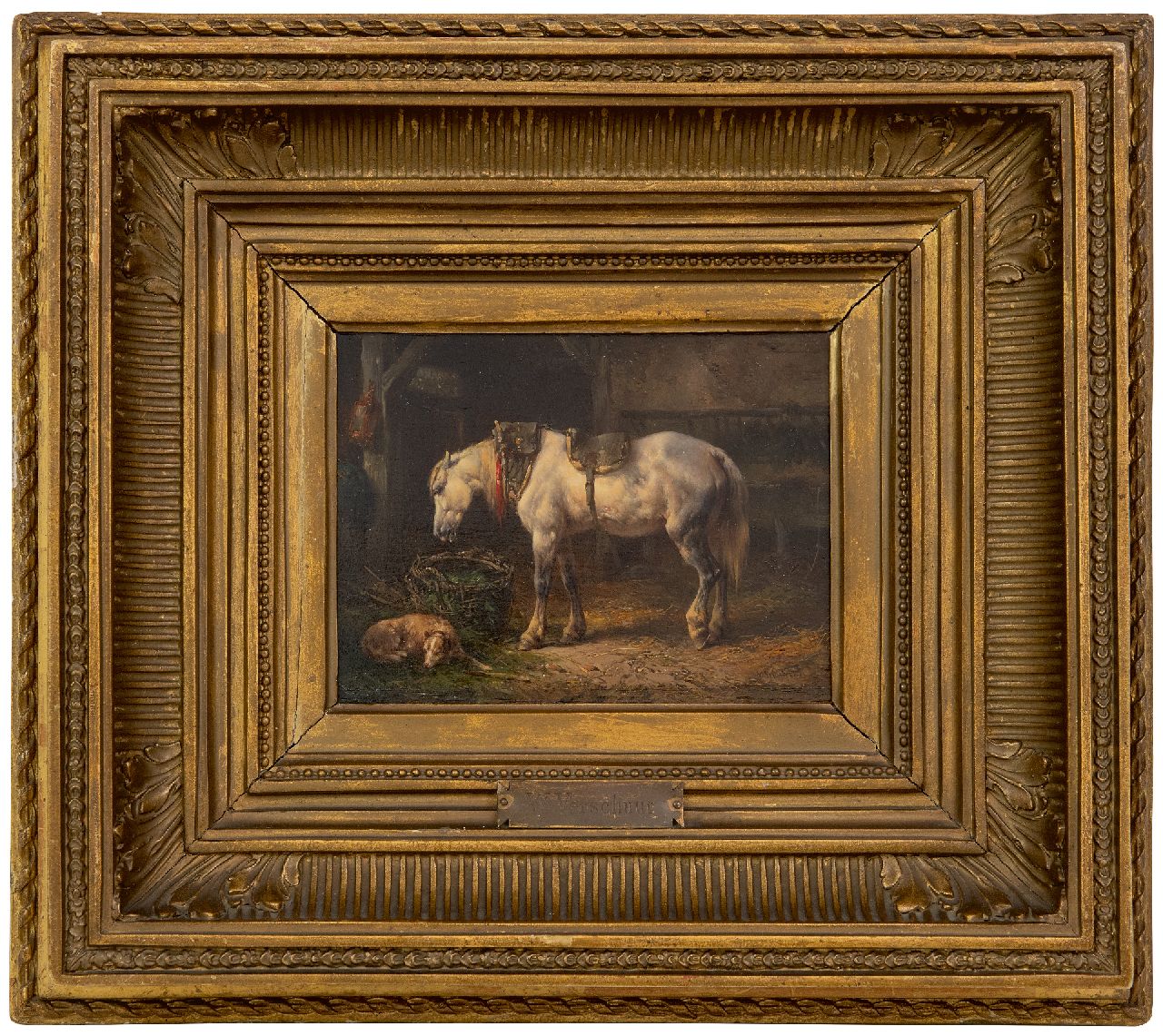 Verschuur W.  | Wouterus Verschuur | Gemälde zum Verkauf angeboten | Stalinterieur mit Pferd und Hund, Öl auf Holz 12,6 x 17,4 cm, Unterzeichnet u.r.