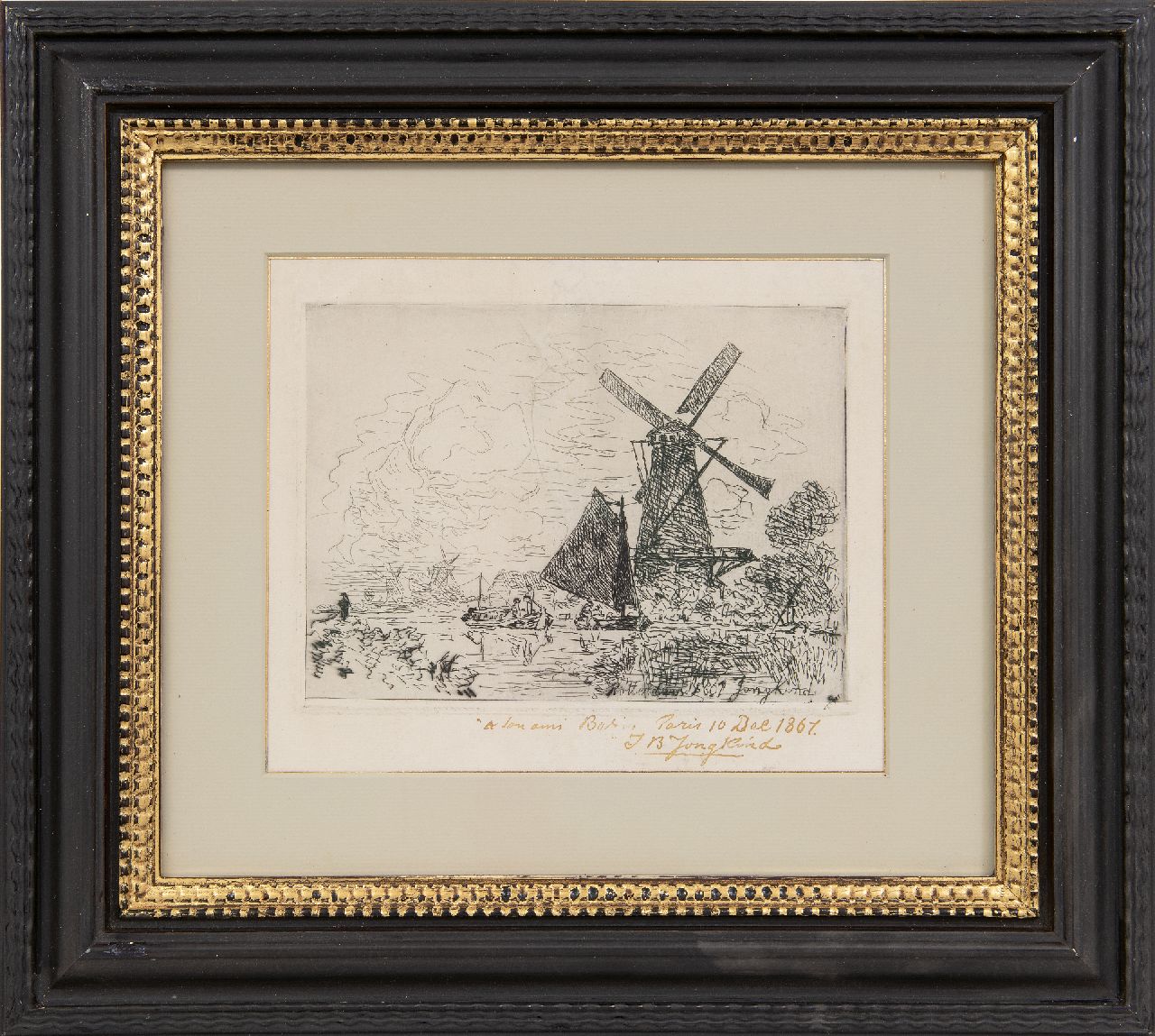 Jongkind J.B. | Johan Barthold Jongkind | Grafik zum Verkauf angeboten | Fluss bei Rotterdam mit Schiffen und einer Mühle, Radierung auf Papier 22,0 x 18,5 cm, Unterzeichnet u.r. in der Platte und handsigniert und datiert 'Rotterdam' 1861 in de plaat Jongkind J.B. | Johan Barthold Jongkind | Grafik zum Verkauf angeboten | Fluss bei Rotterdam mit Schiffen und einer Mühle, Radierung auf Papier 22,0 x 18,5 cm, Unterzeichnet u.r. in der Platte und handsigniert und datiert 'Rotterdam' 1861 in de plaat