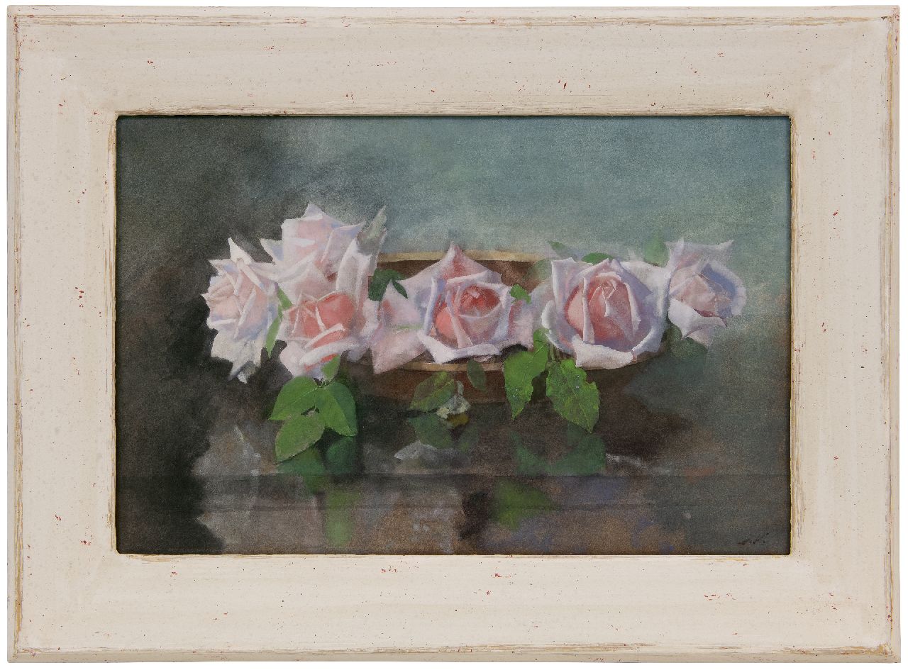 Voerman sr. J.  | Jan Voerman sr. | Aquarelle und Zeichnungen zum Verkauf angeboten | Schale mit 'La-France' Rosen, Aquarell auf Papier 33,2 x 50,0 cm, Unterzeichnet u.r. mit Initialen