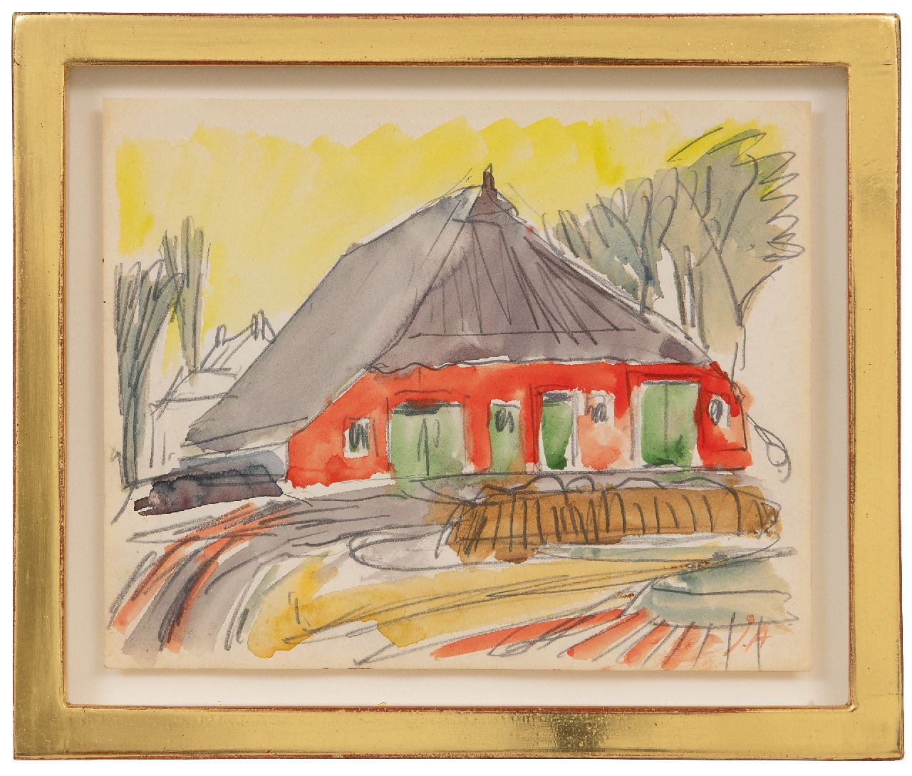 Altink J.  | Jan Altink | Aquarelle und Zeichnungen zum Verkauf angeboten | Rote Bauernhof, Groningen, Schwarze Kreide und Aquarell auf Papier 16,6 x 20,7 cm, Unterzeichnet u.r. mit Initialen