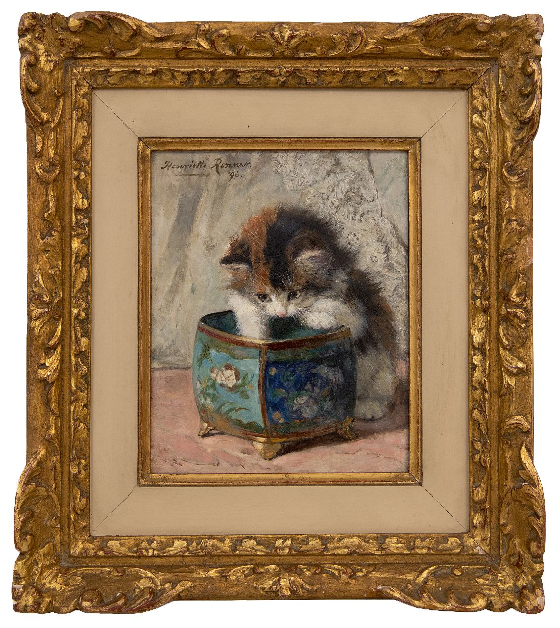 Ronner-Knip H.  | Henriette Ronner-Knip | Gemälde zum Verkauf angeboten | Kätzchen spielend mit einem Ziergefäß, Öl auf Holz 20,0 x 16,0 cm, Unterzeichnet o.l. und datiert '96