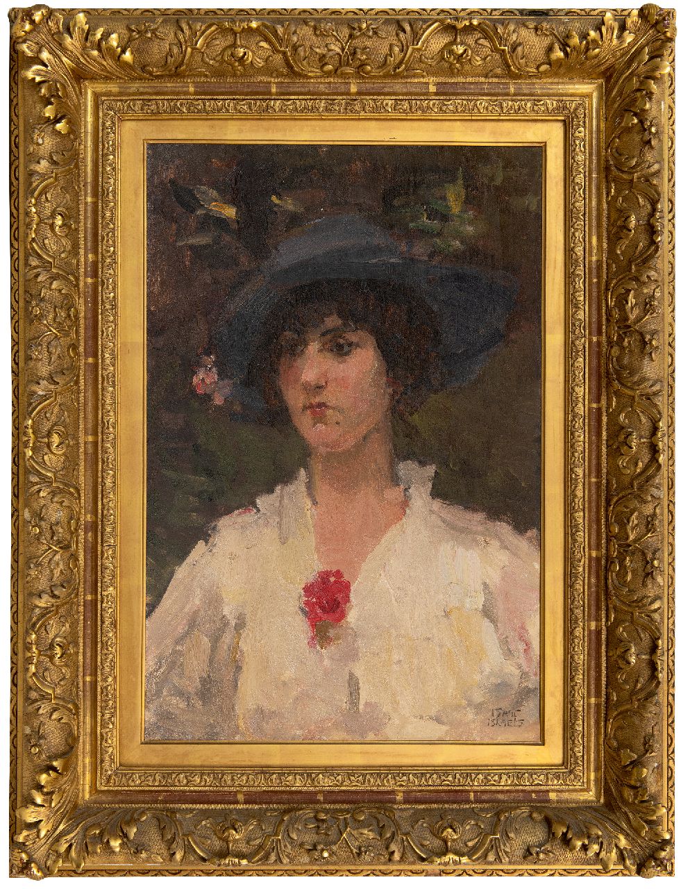 Israels I.L.  | 'Isaac' Lazarus Israels | Gemälde zum Verkauf angeboten | Junge Frau mit roter Blumenbrosche, Öl auf Leinwand 60,2 x 40,5 cm, Unterzeichnet u.r.