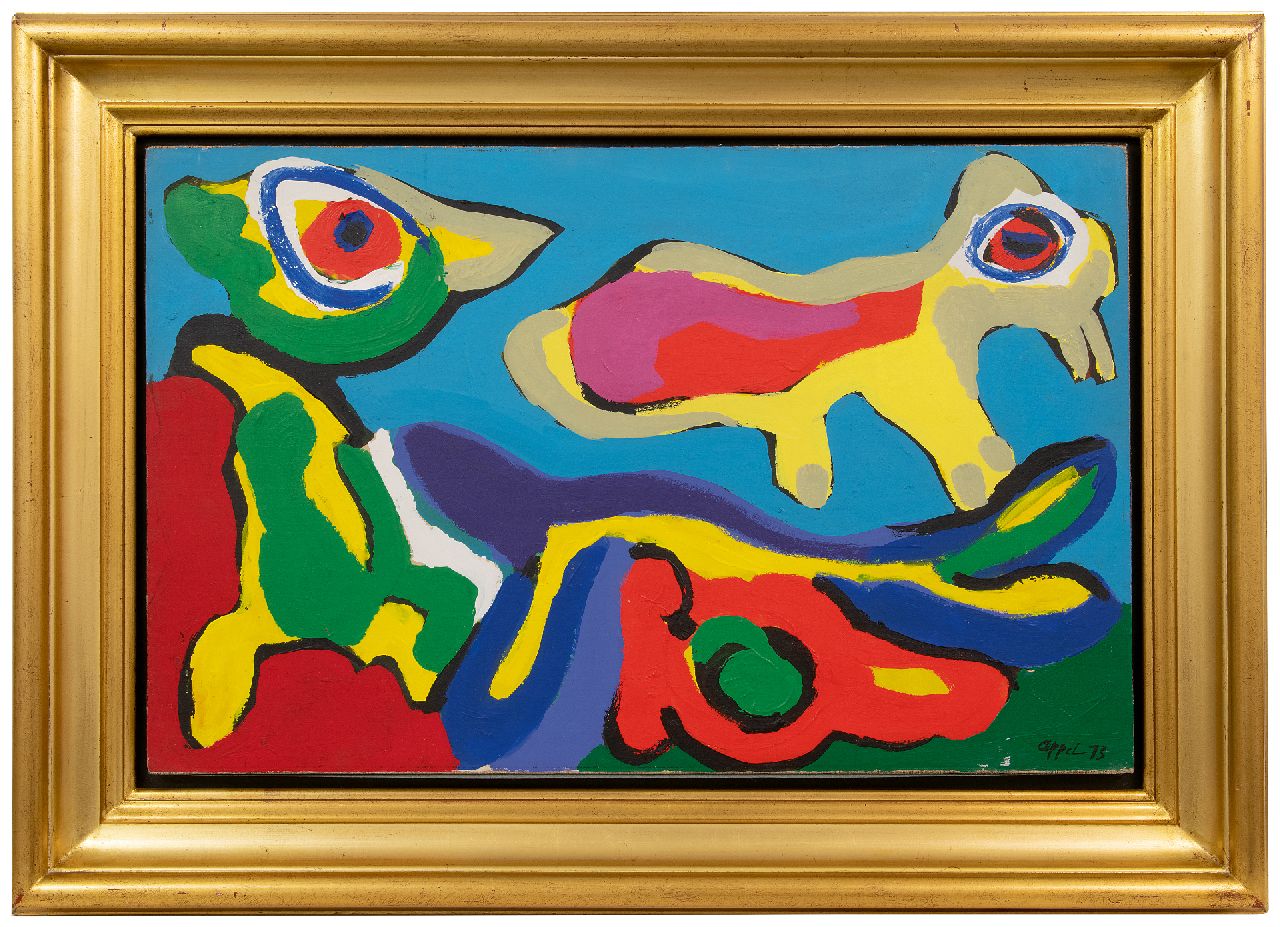 Appel C.K.  | Christiaan 'Karel' Appel | Gemälde zum Verkauf angeboten | Birds, Acryl auf Papier auf Leinwand 49,3 x 77,1 cm, Unterzeichnet u.r. und datiert '73