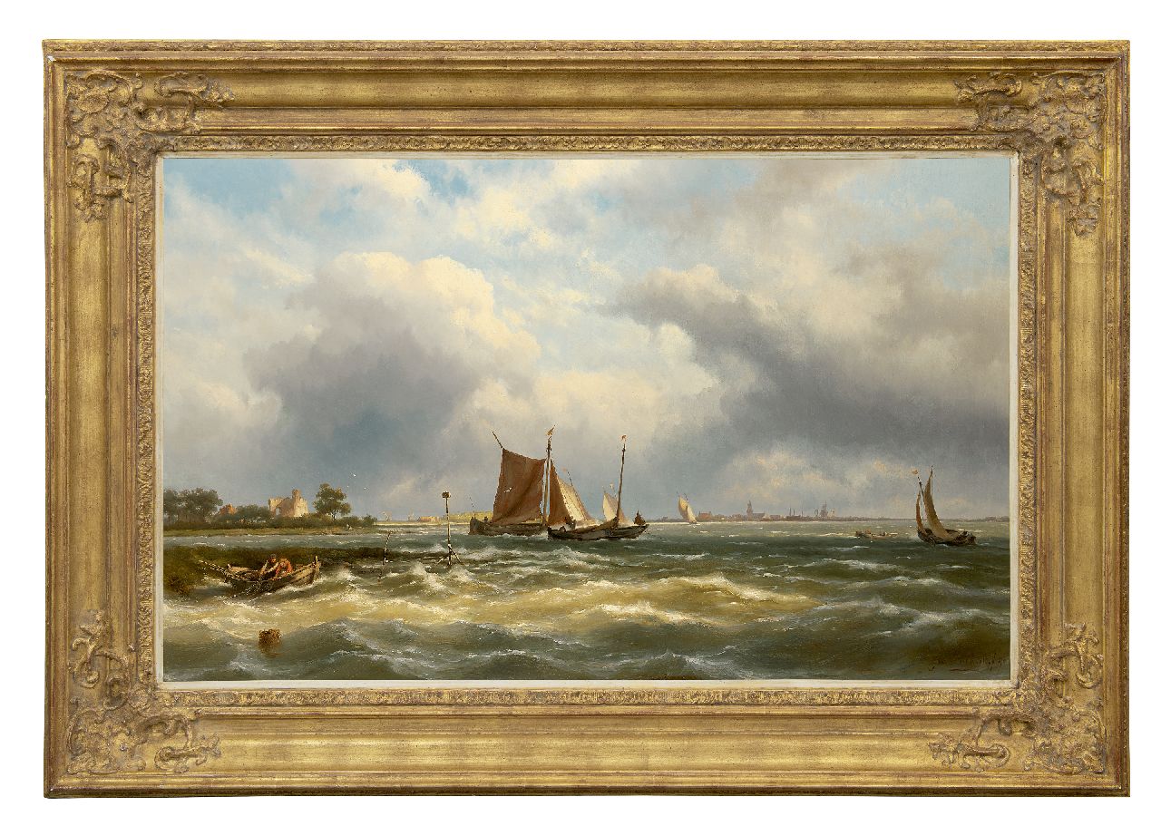 Koekkoek J.H.B.  | Johannes Hermanus Barend 'Jan H.B.' Koekkoek | Gemälde zum Verkauf angeboten | Fischerboote in einer Flussmündung, Öl auf Leinwand 66,1 x 105,6 cm, Unterzeichnet r.u. und datiert '90