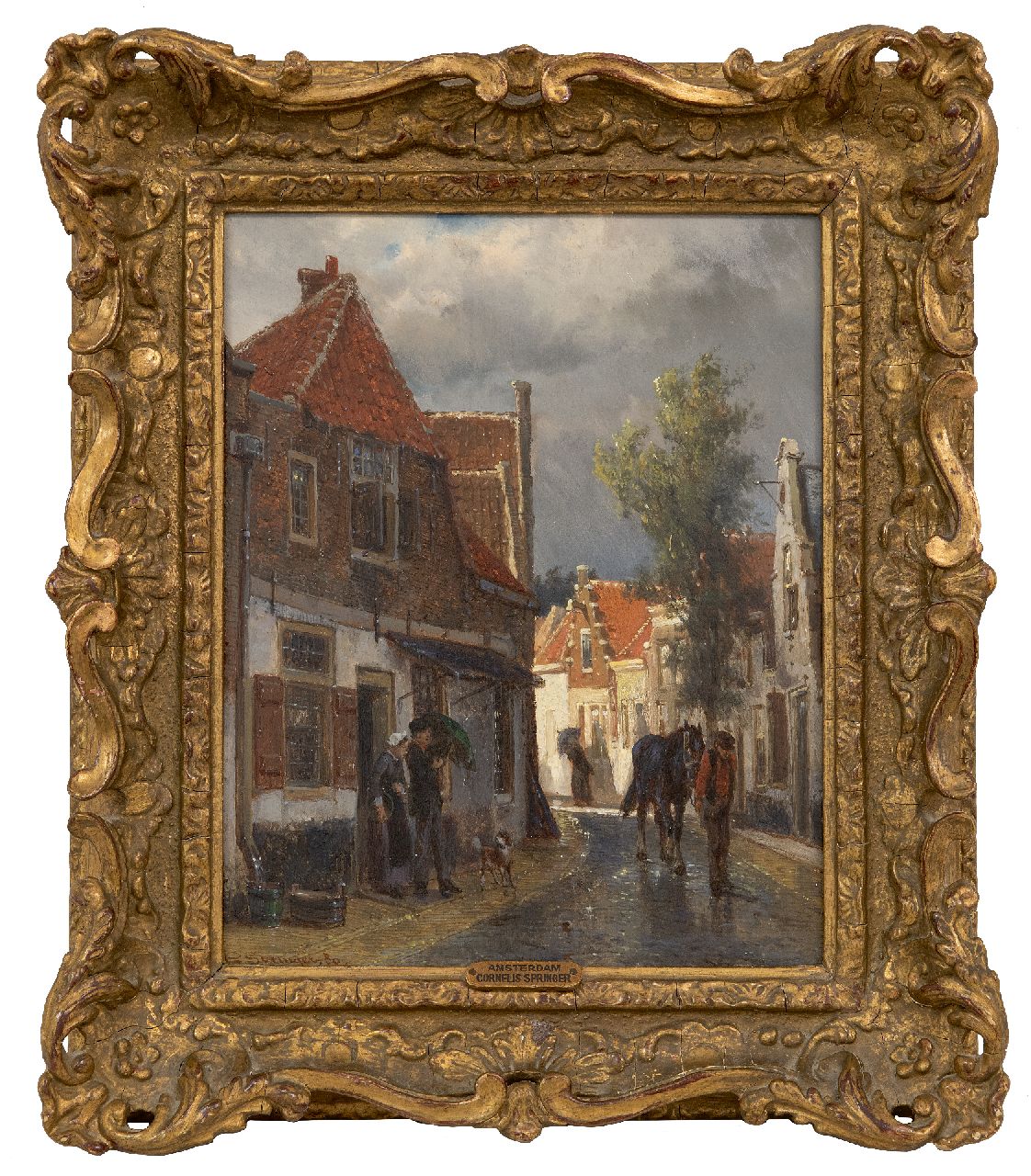 Springer C.  | Cornelis Springer | Gemälde zum Verkauf angeboten | Gässchen in Oudewater bei regnerischem Wetter, Öl auf Holz 25,2 x 19,9 cm, Unterzeichnet u.l. und datiert '80