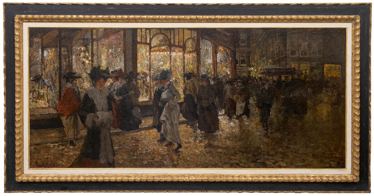 Helfferich F.W. | Franciscus Willem 'Frans' Helfferich | Gemälde zum Verkauf angeboten | Abendliches Einkaufen in Den Haag, Öl auf Leinwand 70,6 x 156,4 cm, Unterzeichnet u.l. Helfferich F.W. | Franciscus Willem 'Frans' Helfferich | Gemälde zum Verkauf angeboten | Abendliches Einkaufen in Den Haag, Öl auf Leinwand 70,6 x 156,4 cm, Unterzeichnet u.l.