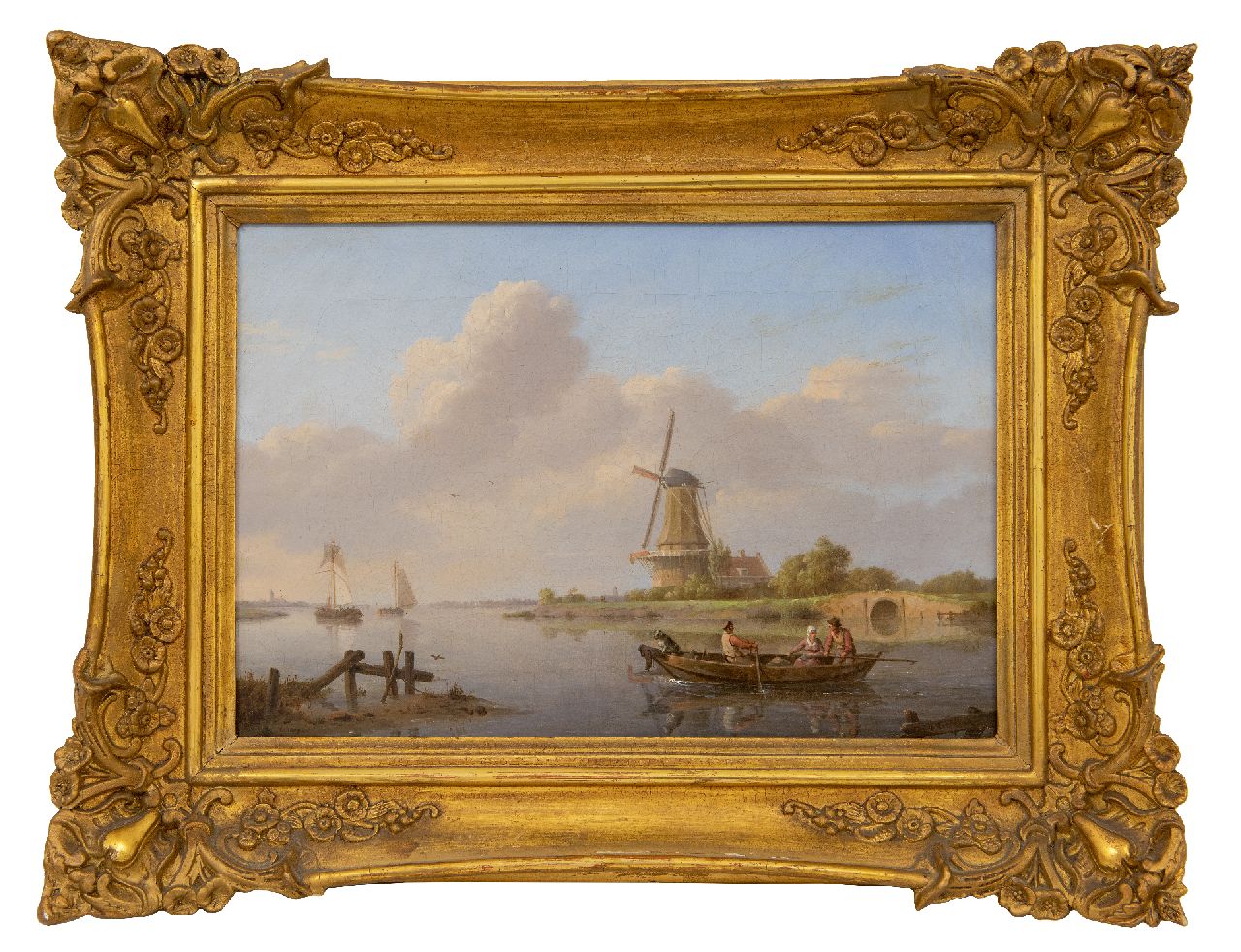 Koekkoek J.H.  | Johannes Hermanus Koekkoek | Gemälde zum Verkauf angeboten | Ruhevolle Flusslandschaft mit Mühle und Fährboot, Öl auf Leinwand 23,5 x 33,6 cm, Unterzeichnet u.r.