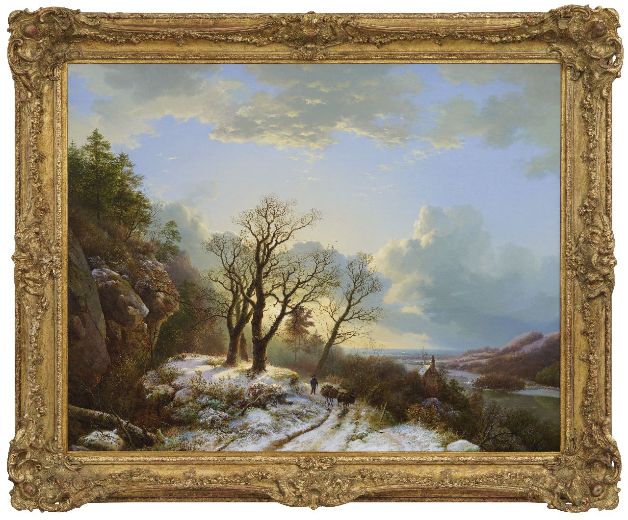 Koekkoek B.C.  | Barend Cornelis Koekkoek, Winterlandschaft mit Hirten und Rindern sowie einer Kirche im Flusstal, Öl auf Leinwand 82,5 x 105,0 cm, Unterzeichnet u.l. und datiert 1834