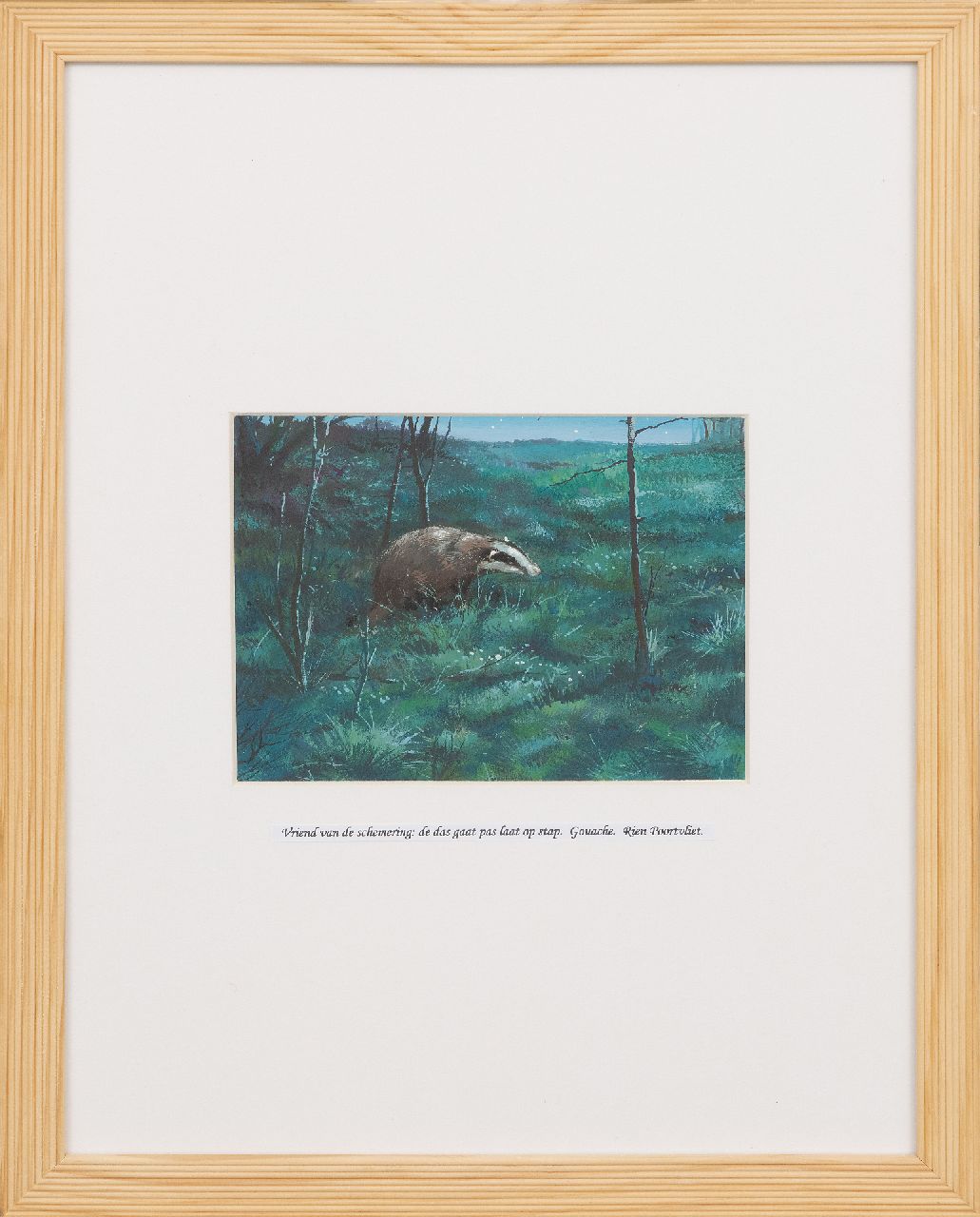 Poortvliet R.  | Rien Poortvliet | Aquarelle und Zeichnungen zum Verkauf angeboten | Ein Dachs unterwegs in der Dämmerung, Gouache auf Papier 12,9 x 17,3 cm