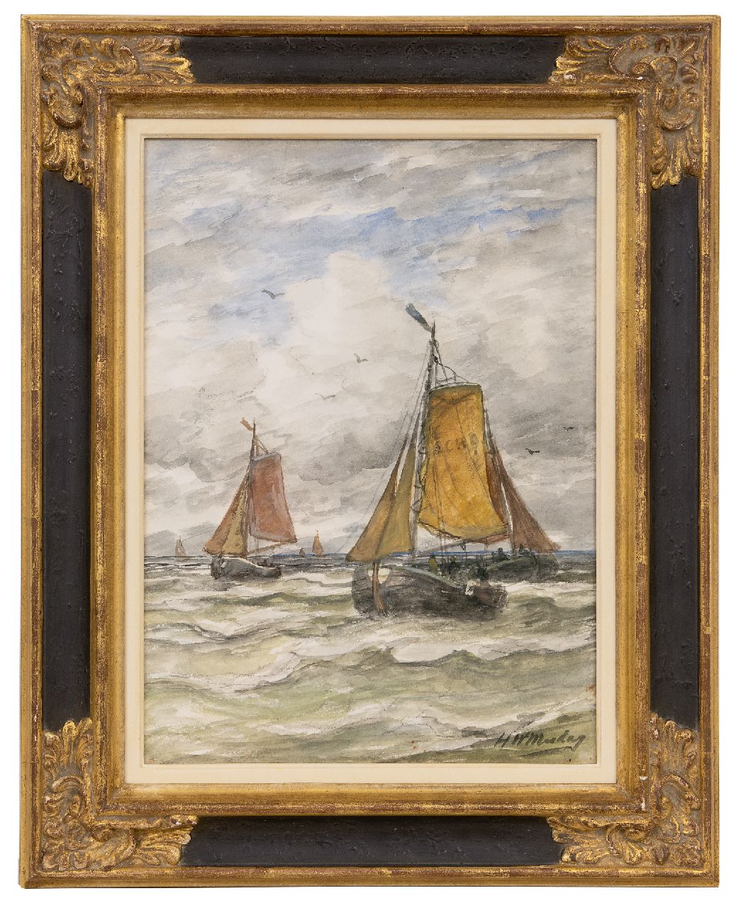Mesdag H.W.  | Hendrik Willem Mesdag | Aquarelle und Zeichnungen zum Verkauf angeboten | Zurückkehrende Fischflotte, Scheveningen, Holzkohle und Aquarell auf Papier 38,0 x 27,4 cm, Unterzeichnet u.r.
