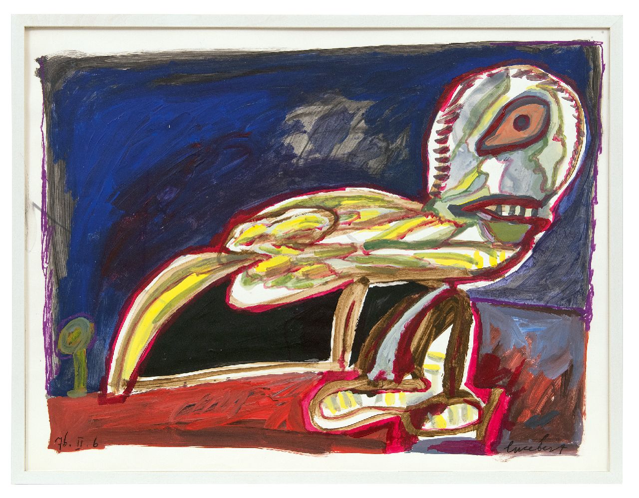 Lucebert (Lubertus Jacobus Swaanswijk)   | Lucebert (Lubertus Jacobus Swaanswijk) | Aquarelle und Zeichnungen zum Verkauf angeboten | Ohne Titel (Vogelfigur), Gouache auf Papier 50,0 x 65,0 cm, Unterzeichnet r.u. und datiert  r.u. 76. II. 6