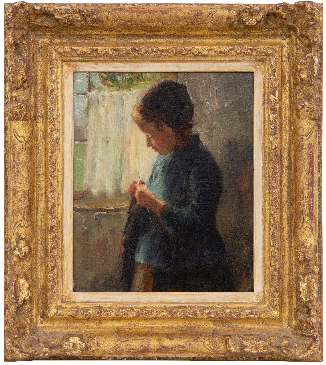 Hoog J.B. de | Johan 'Bernard' de Hoog | Gemälde zum Verkauf angeboten | A girl knitting, Öl auf Holz 16,7 x 13,7 cm, Unterzeichnet l.u.