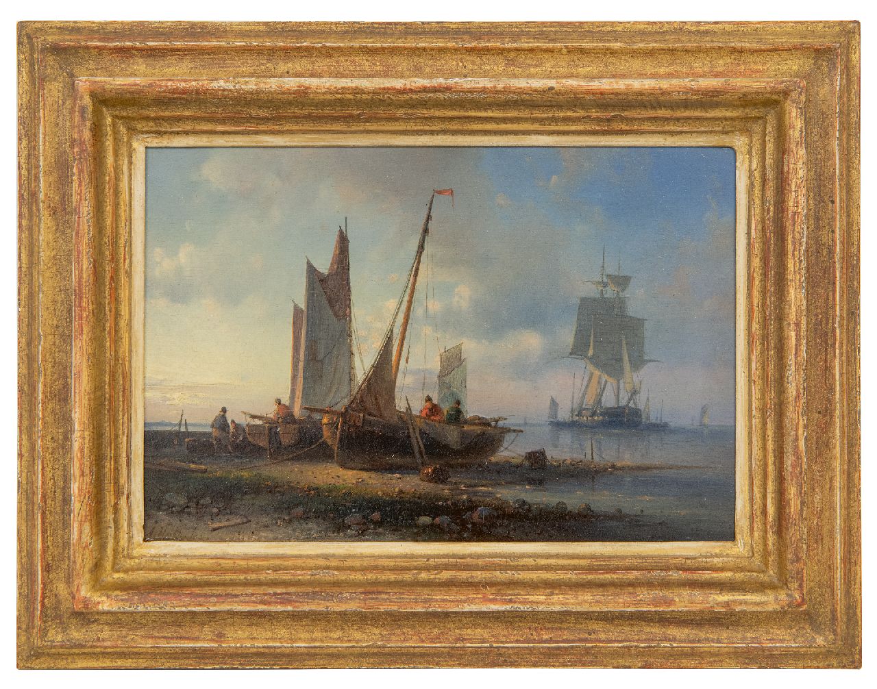 Hulk A.  | Abraham Hulk | Gemälde zum Verkauf angeboten | Küstenlandschaft mit einem vor Anker liegenden Fregatten, Öl auf Holz 16,4 x 24,4 cm, Unterzeichnet u.l.