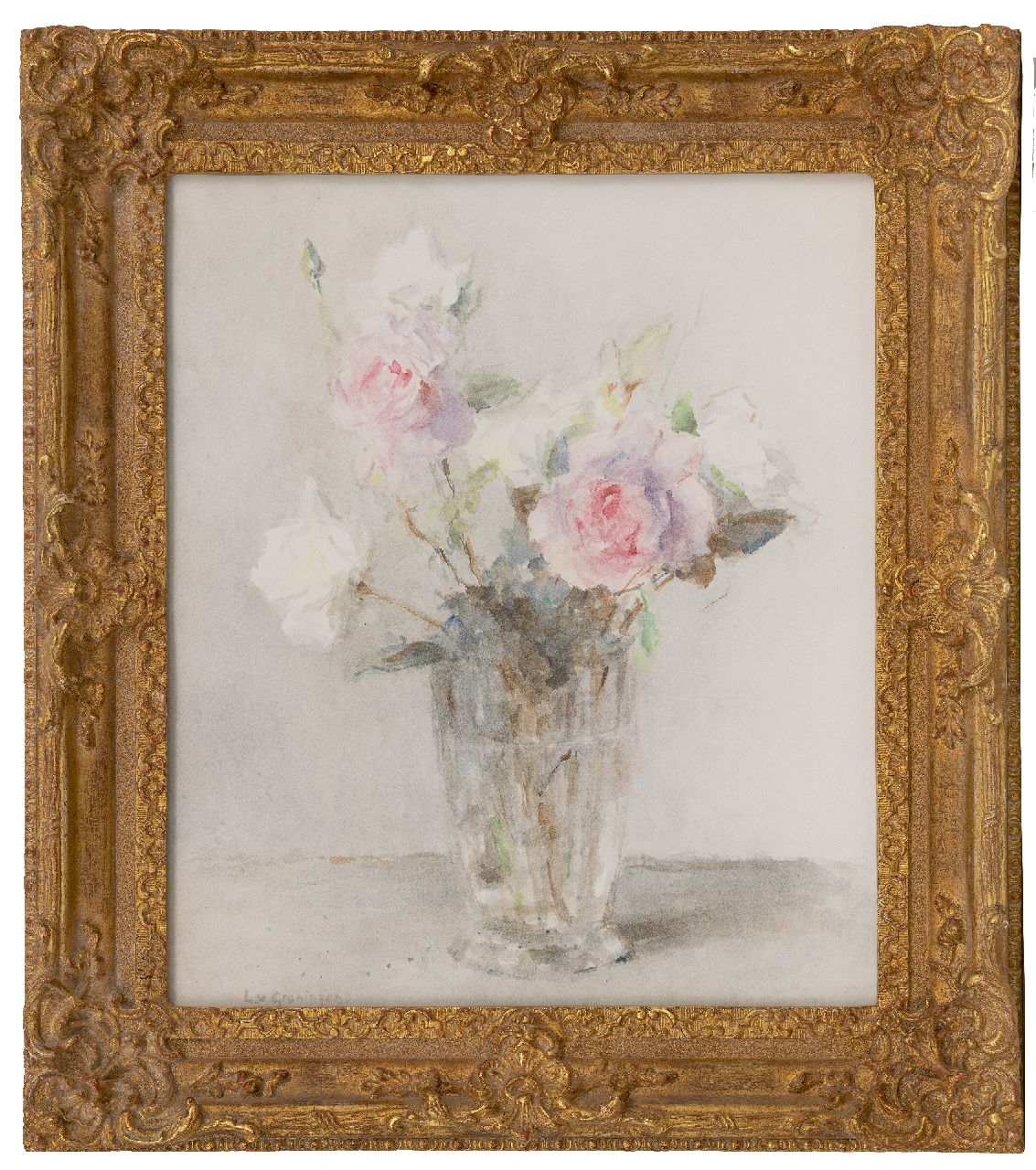 Groningen L. van | Lucie 'Loes' van Groningen | Aquarelle und Zeichnungen zum Verkauf angeboten | Rosen in einer Glasvase, Aquarell auf Papier 44,0 x 36,2 cm, gesigneerd linksonder