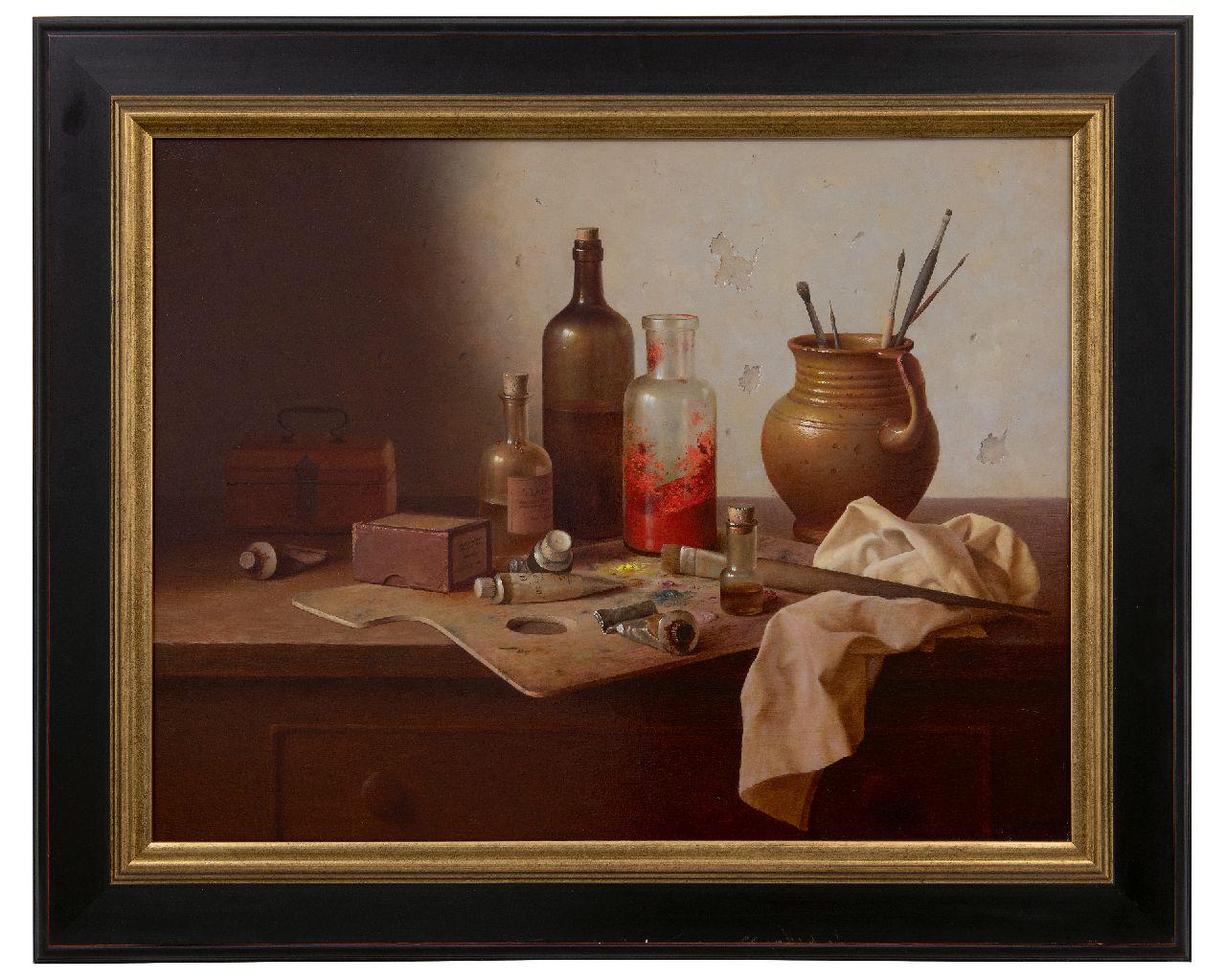 Bubarnik A.G. | Andreas Gyula Bubarnik | Gemälde zum Verkauf angeboten | Stillleben von Malerutensilien auf der Werkbank, Öl auf Holz 50,0 x 65,0 cm, Unterzeichnet u.r. Bubarnik A.G. | Andreas Gyula Bubarnik | Gemälde zum Verkauf angeboten | Stillleben von Malerutensilien auf der Werkbank, Öl auf Holz 50,0 x 65,0 cm, Unterzeichnet u.r.