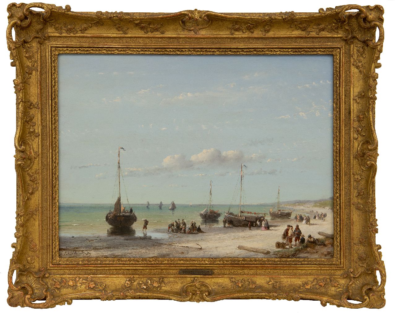 Schelfhout A.  | Andreas Schelfhout, Strandszene mit Schiffen, Fischern und eleganten Spaziergängern, Öl auf Holz 32,1 x 43,0 cm, Unterzeichnet u.l. und datiert '59