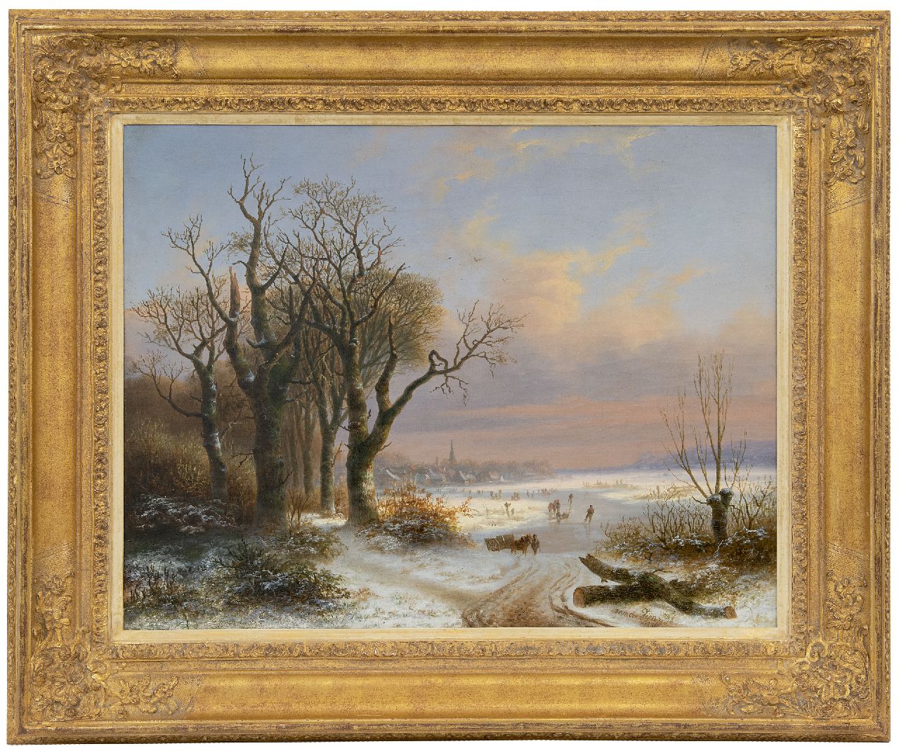 Vijver W.S.P. van der | Willem Simon Petrus van der Vijver | Gemälde zum Verkauf angeboten | Winterlandschaft mit Eisläufern vor einer kleinen Stadt, Öl auf Leinwand 48,8 x 62,5 cm, Unterzeichnet u.r. und datiert 1854