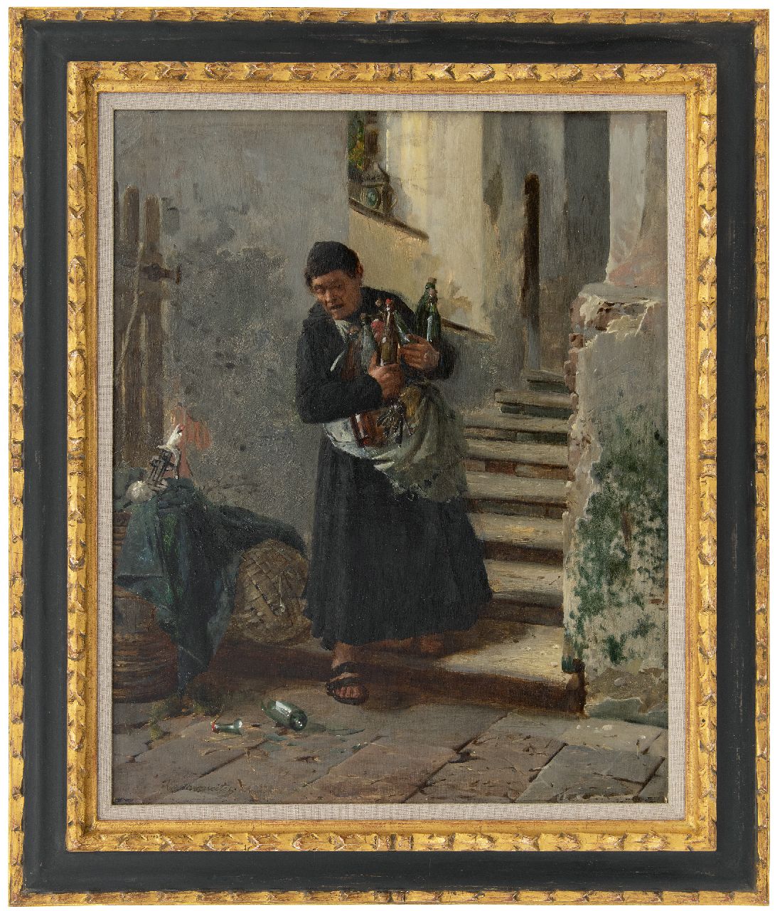 Kotschenreiter J.H.G.G.  | Johann 'Hugo' Georg Gottlieb Kotschenreiter | Gemälde zum Verkauf angeboten | Die Auffüllung des Weinvorrats, Öl auf Leinwand 54,0 x 43,5 cm, Unterzeichnet u.l. und datiert '74