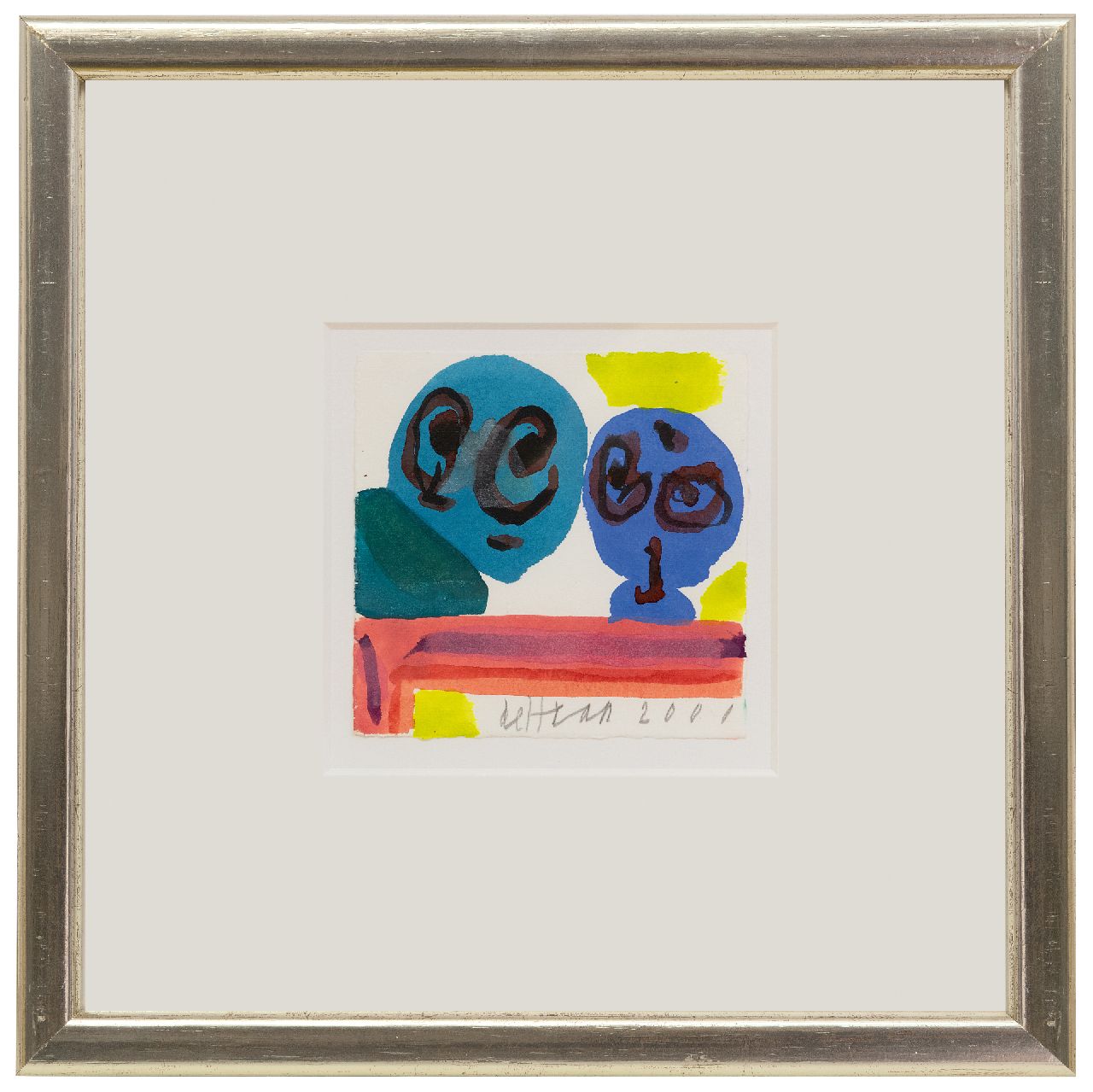 Haan J. de | Jurjen de Haan | Aquarelle und Zeichnungen zum Verkauf angeboten | Zwei Figuren, Gouache auf Papier 12,0 x 12,2 cm, Unterzeichnet u.m. und datiert 2001