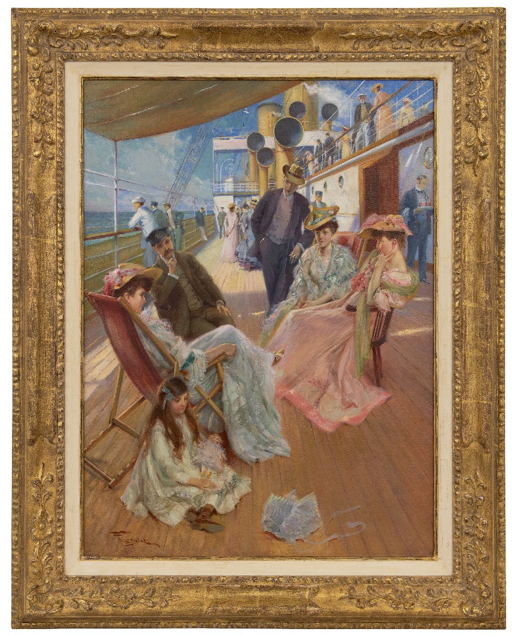 Toussaint F. | Fernand Toussaint | Gemälde zum Verkauf angeboten | Elegante Gesellschaft an Bord eines Ozeandampfers, Öl auf Leinwand 73,6 x 54,3 cm, Unterzeichnet u.l. Toussaint F. | Fernand Toussaint | Gemälde zum Verkauf angeboten | Elegante Gesellschaft an Bord eines Ozeandampfers, Öl auf Leinwand 73,6 x 54,3 cm, Unterzeichnet u.l.