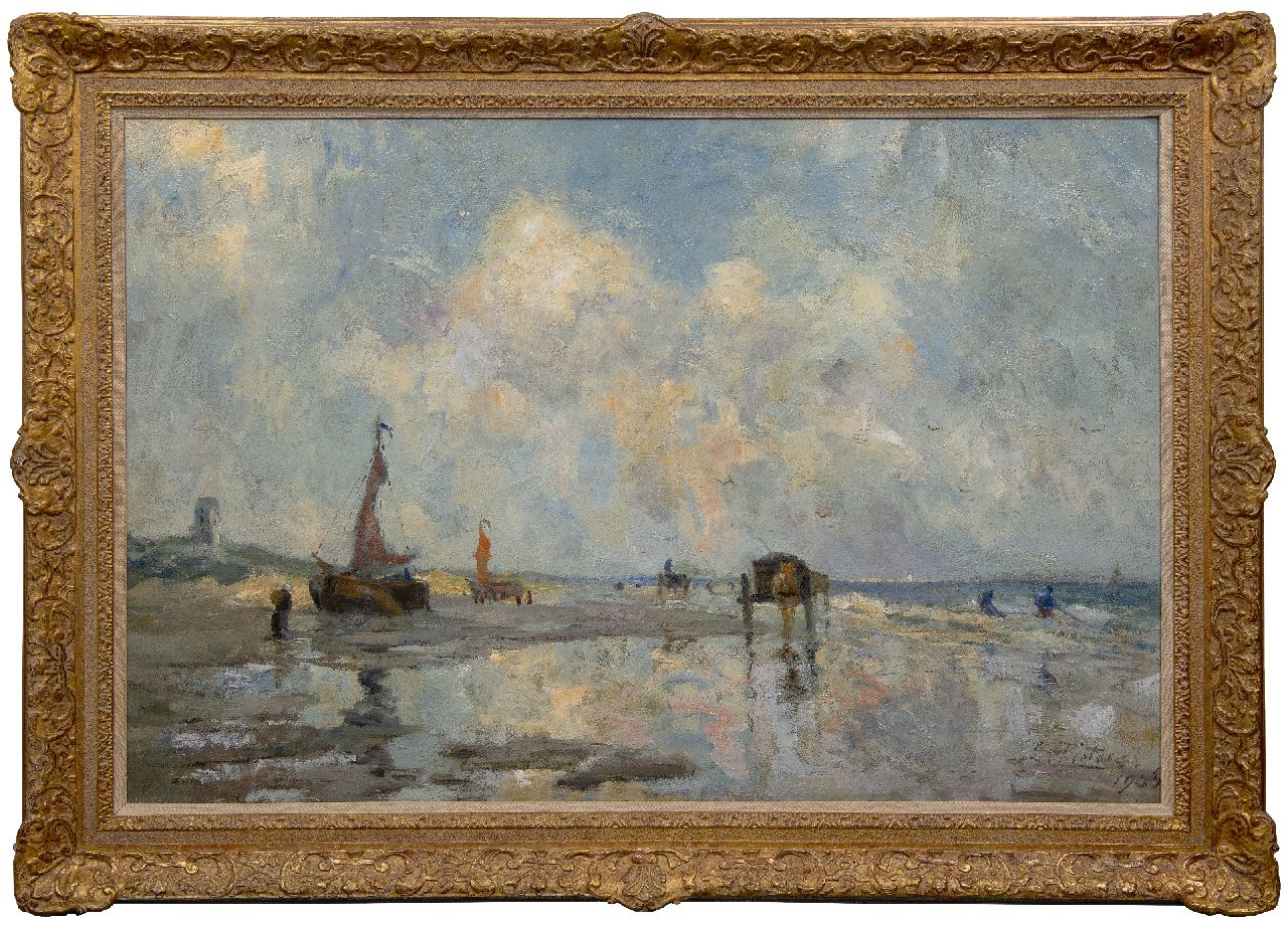 Pieters E.  | Evert Pieters, Strand bei Katwijk mit Bomschuiten und Muschelfischern, Öl auf Leinwand 85,5 x 130,2 cm, Unterzeichnet u.r. und datiert 1906