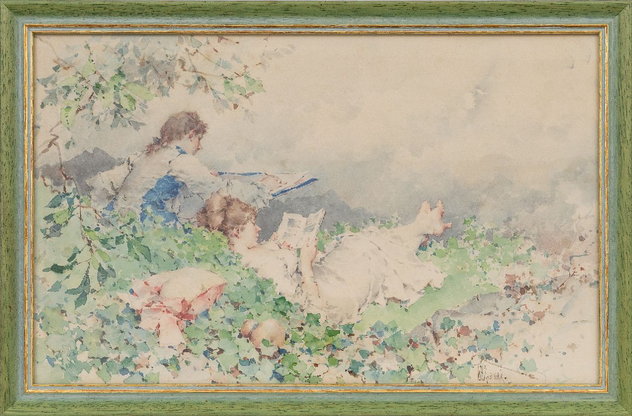 Kaemmerer F.H.  | Frederik Hendrik Kaemmerer | Aquarelle und Zeichnungen zum Verkauf angeboten | Lesendes junges Paar im Freien, Aquarell auf Papier 28,0 x 45,0 cm, Unterzeichnet u.R.