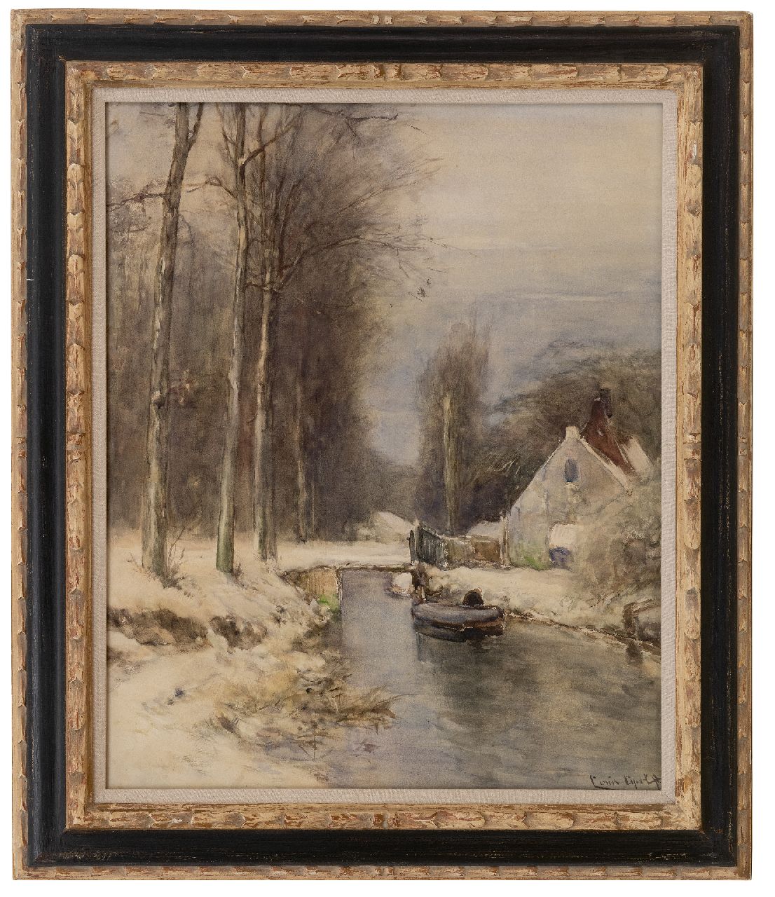 Apol L.F.H.  | Lodewijk Franciscus Hendrik 'Louis' Apol | Aquarelle und Zeichnungen zum Verkauf angeboten | Häuschen am beschneiten Kanal, Gouache auf Papier 58,0 x 47,0 cm, Unterzeichnet u.r.