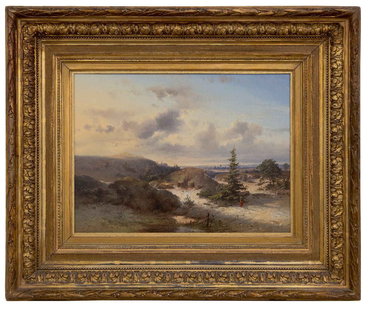 Kluyver P.L.F. | 'Pieter' Lodewijk Francisco Kluyver | Gemälde zum Verkauf angeboten | Landschaft mit einer spazierenden Frau, Dorf im Hintergrund, Öl auf Holz 34,0 x 47,0 cm, Unterzeichnet u.L. Kluyver P.L.F. | 'Pieter' Lodewijk Francisco Kluyver | Gemälde zum Verkauf angeboten | Landschaft mit einer spazierenden Frau, Dorf im Hintergrund, Öl auf Holz 34,0 x 47,0 cm, Unterzeichnet u.L.