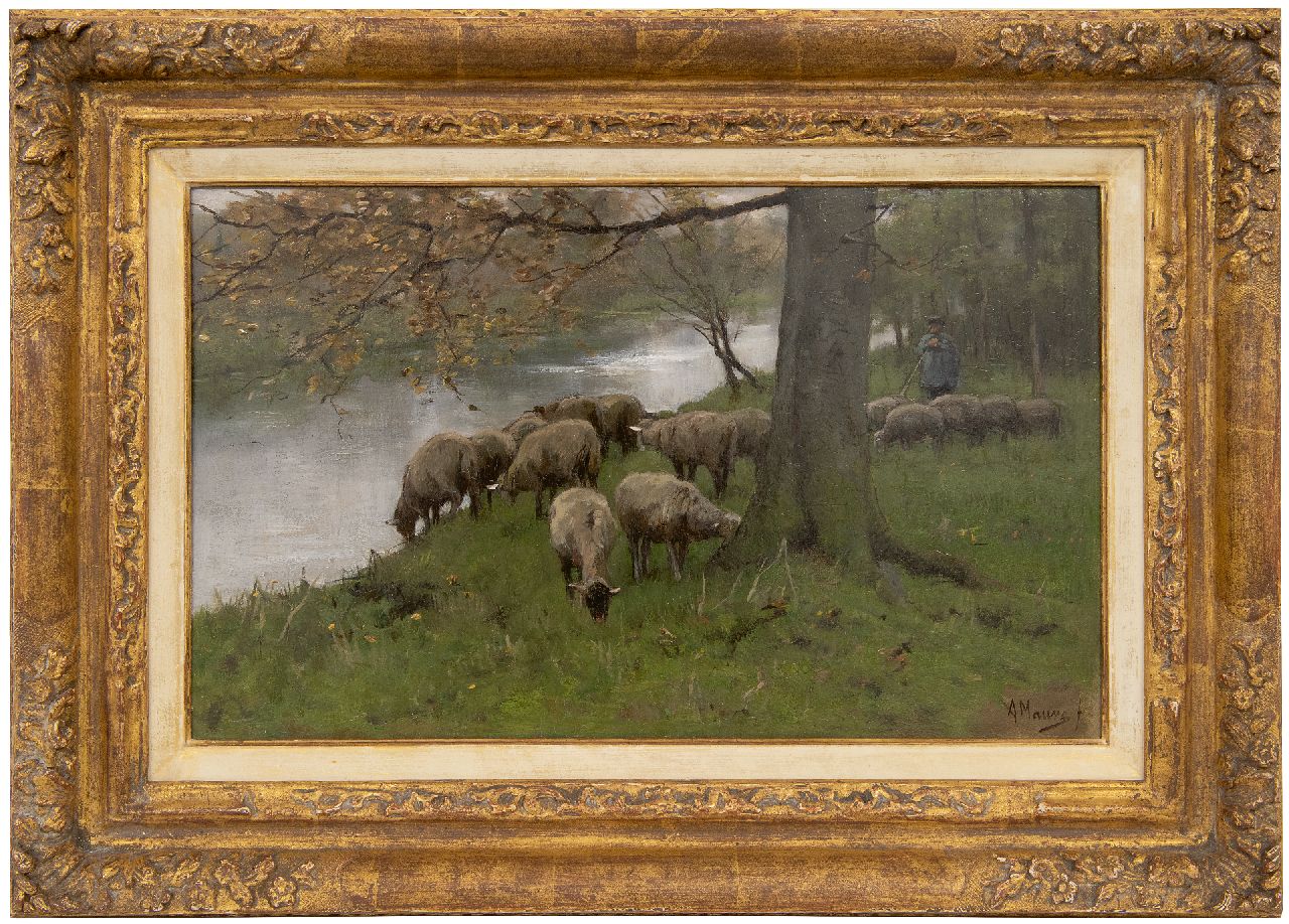 Mauve A. | Anthonij 'Anton' Mauve | Gemälde zum Verkauf angeboten | Schafe am Kanal, Öl auf Holz 25,1 x 41,0 cm, Unterzeichnet u.r. Mauve A. | Anthonij 'Anton' Mauve | Gemälde zum Verkauf angeboten | Schafe am Kanal, Öl auf Holz 25,1 x 41,0 cm, Unterzeichnet u.r.