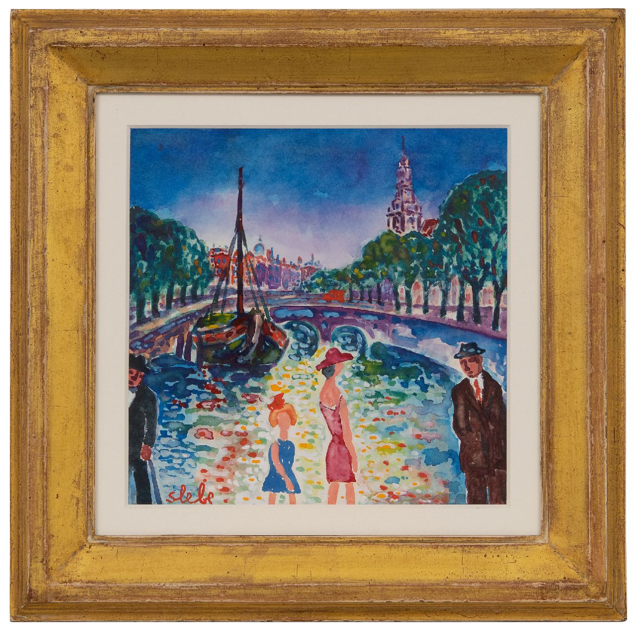 Slebe (Ferdinand Joseph Sleebe) F.  | Ferry Slebe (Ferdinand Joseph Sleebe) | Aquarelle und Zeichnungen zum Verkauf angeboten | Prinsengracht, Amsterdam, Aquarell auf Papier 23,1 x 23,1 cm, Unterzeichnet l.u.