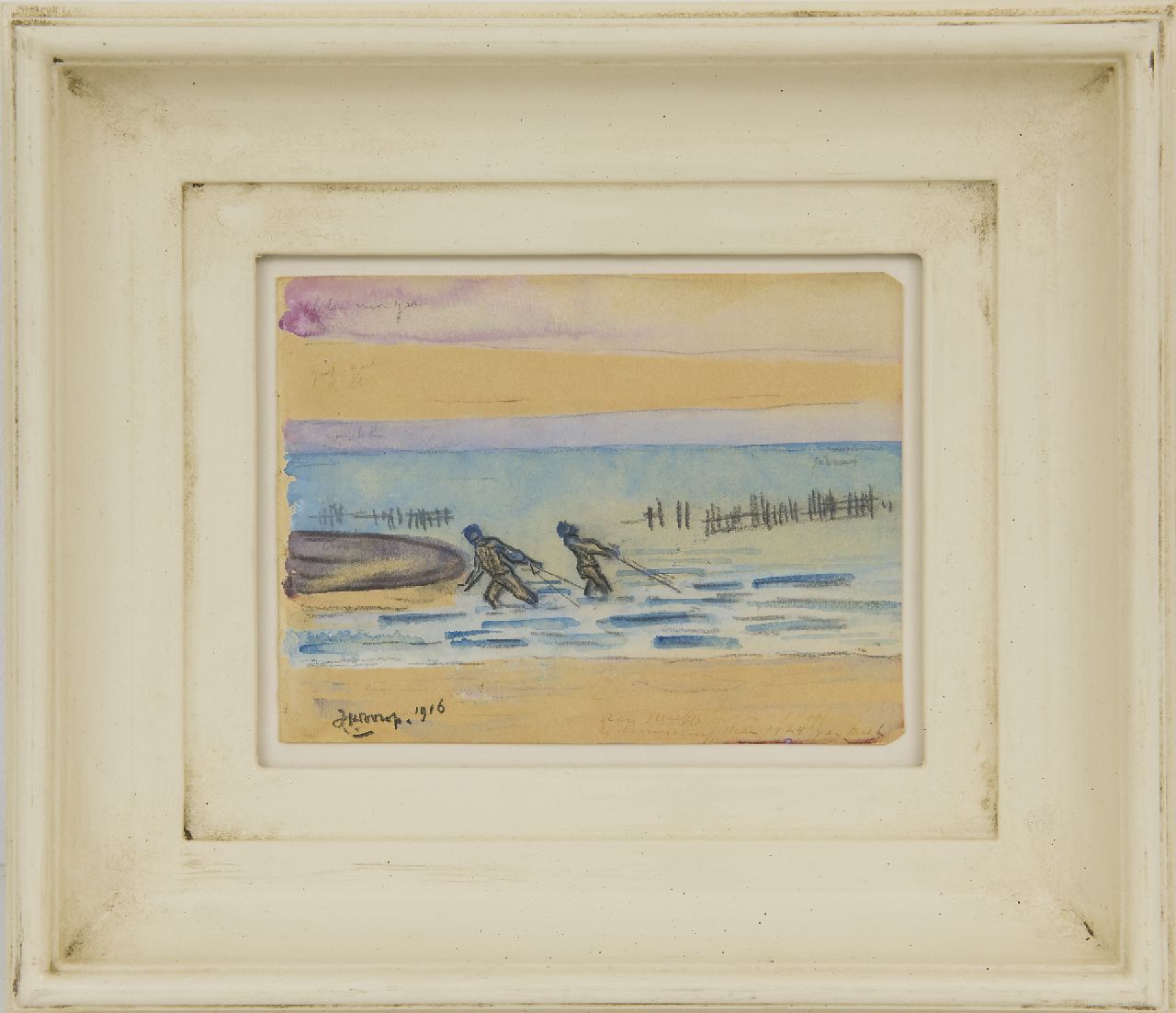 Toorop J.Th.  | Johannes Theodorus 'Jan' Toorop | Aquarelle und Zeichnungen zum Verkauf angeboten | Garnelenfischer, Seeland, Schwarze Kreide und Aquarell auf Papier 11,4 x 15,1 cm, Unterzeichnet u.l. und datiert 1916