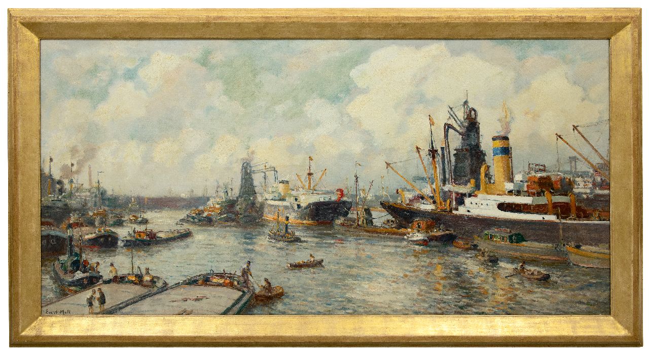 Moll E. | Evert Moll, Blick auf den Maashaven, Rotterdam, Öl auf Leinwand 81,0 x 164,5 cm, Unterzeichnet l.u. Moll E. | Evert Moll, Blick auf den Maashaven, Rotterdam, Öl auf Leinwand 81,0 x 164,5 cm, Unterzeichnet l.u.