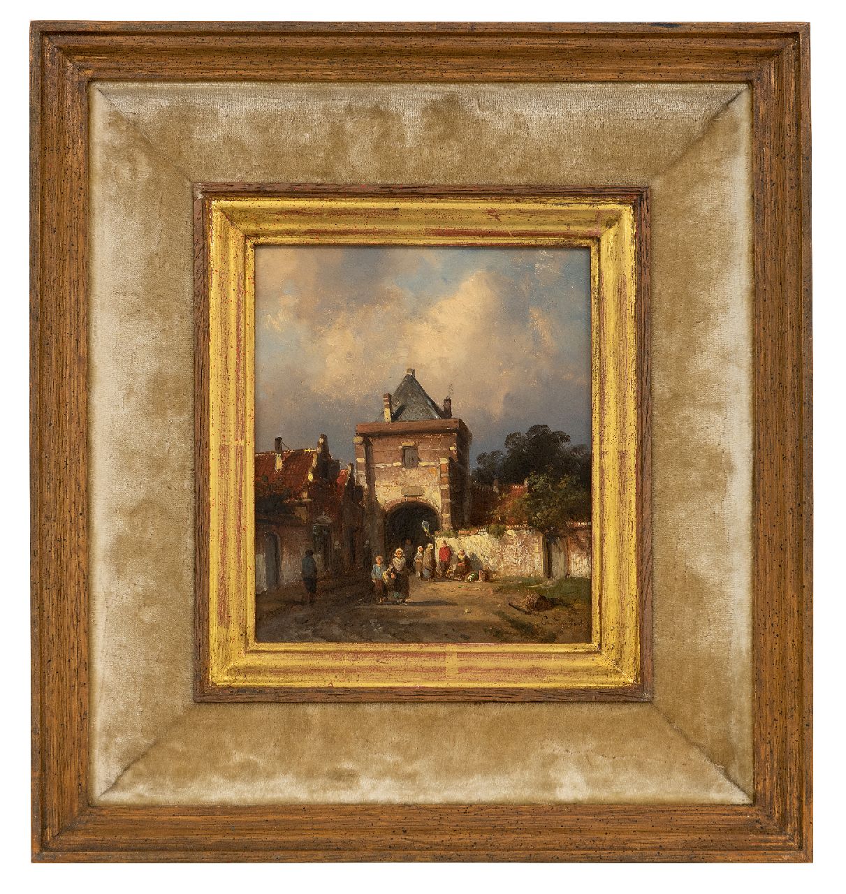 Leickert C.H.J.  | 'Charles' Henri Joseph Leickert | Gemälde zum Verkauf angeboten | Holländisches Stadtportal mit Figuren bei einer Gemüsehändlerin, Öl auf Holz 16,3 x 13,8 cm, Unterzeichnet u.r. und ca. 1855