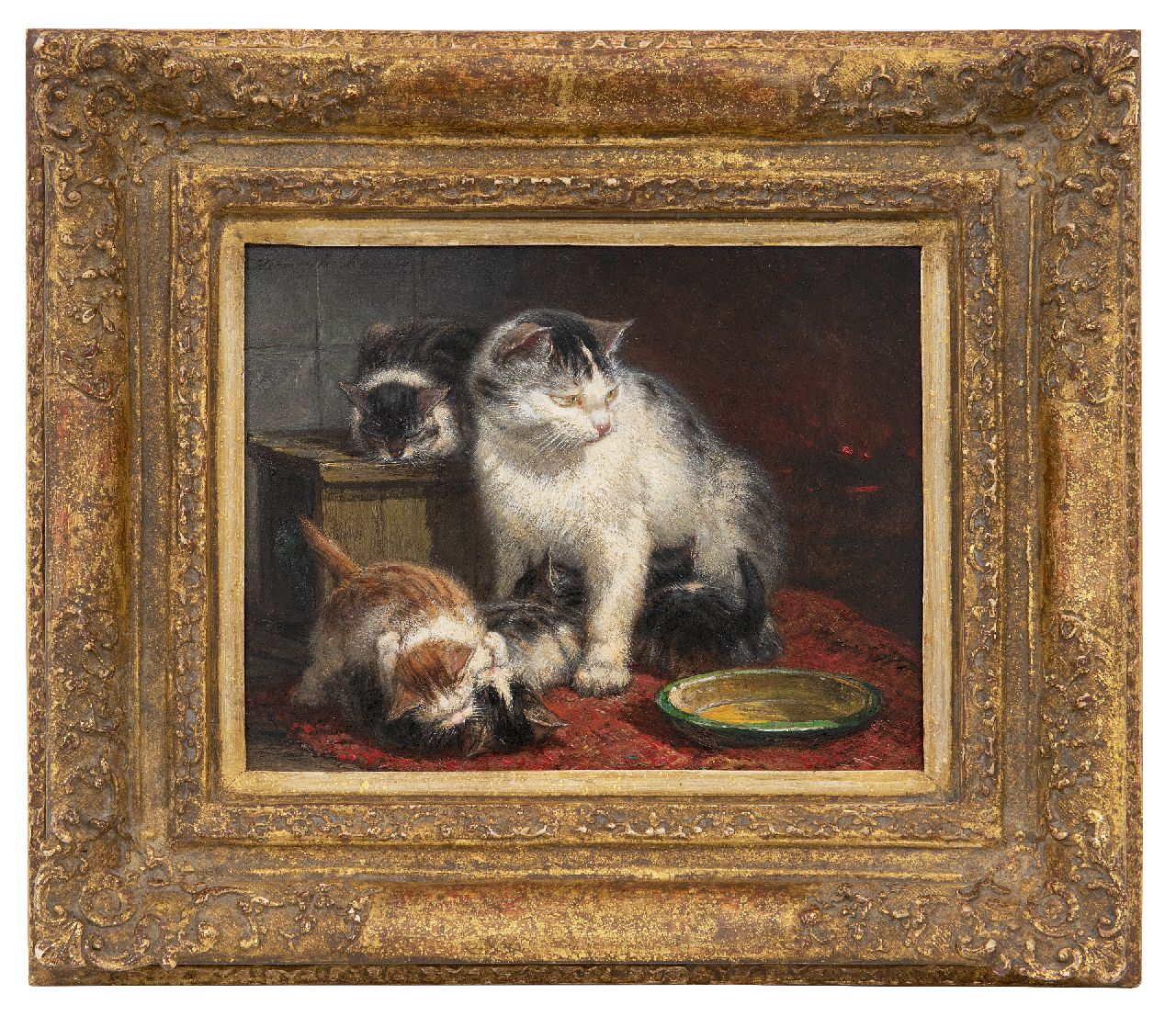 Ronner-Knip H.  | Henriette Ronner-Knip, A watchful mother, Öl auf Holz 16,1 x 20,3 cm, signed u.l.