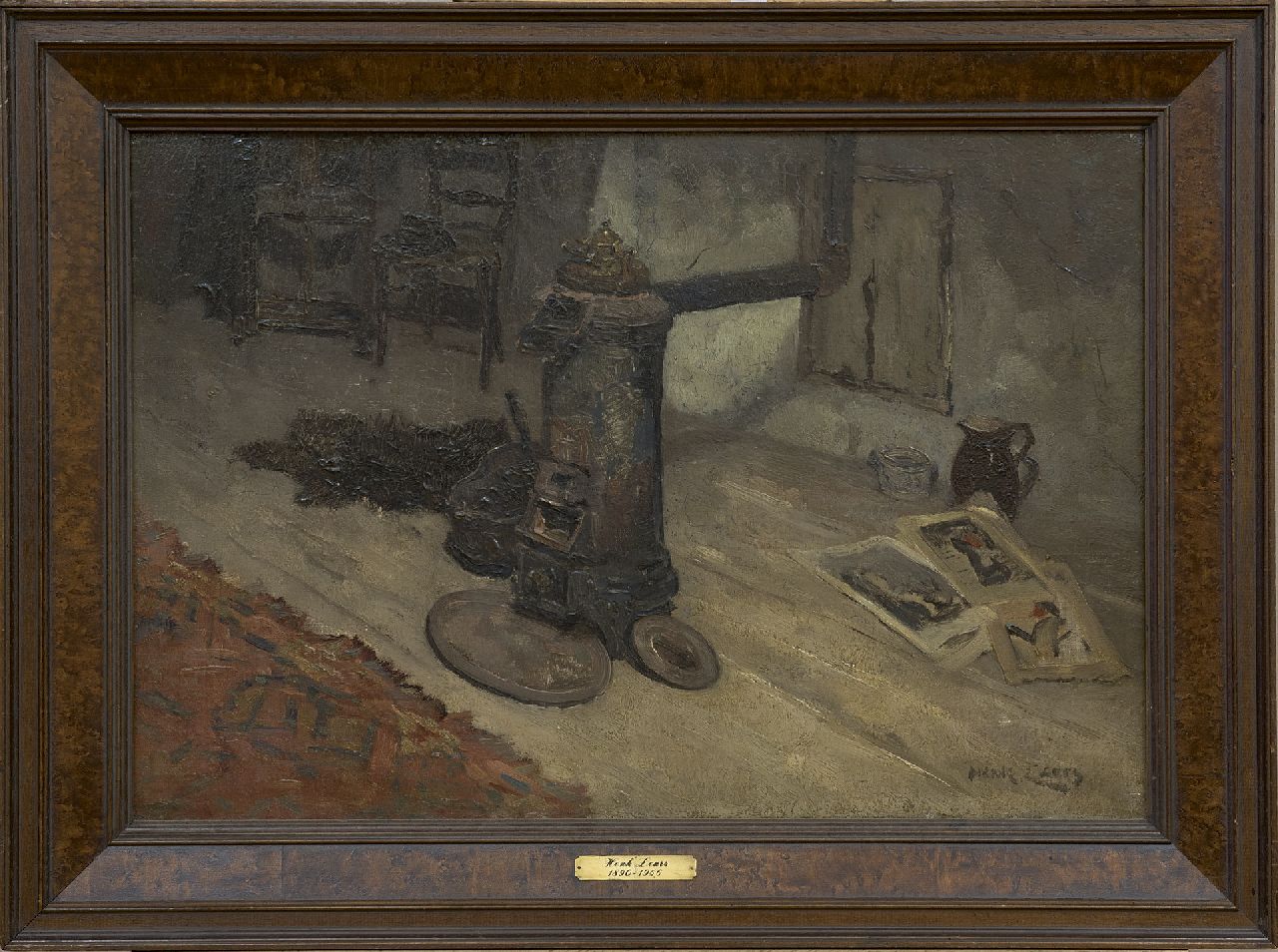 Leurs H.J.  | Hendrik Johannes 'Henk' Leurs | Gemälde zum Verkauf angeboten | Innenraum mit Kanonenofen, Öl auf Leinwand 40,6 x 60,5 cm, Unterzeichnet r.u.
