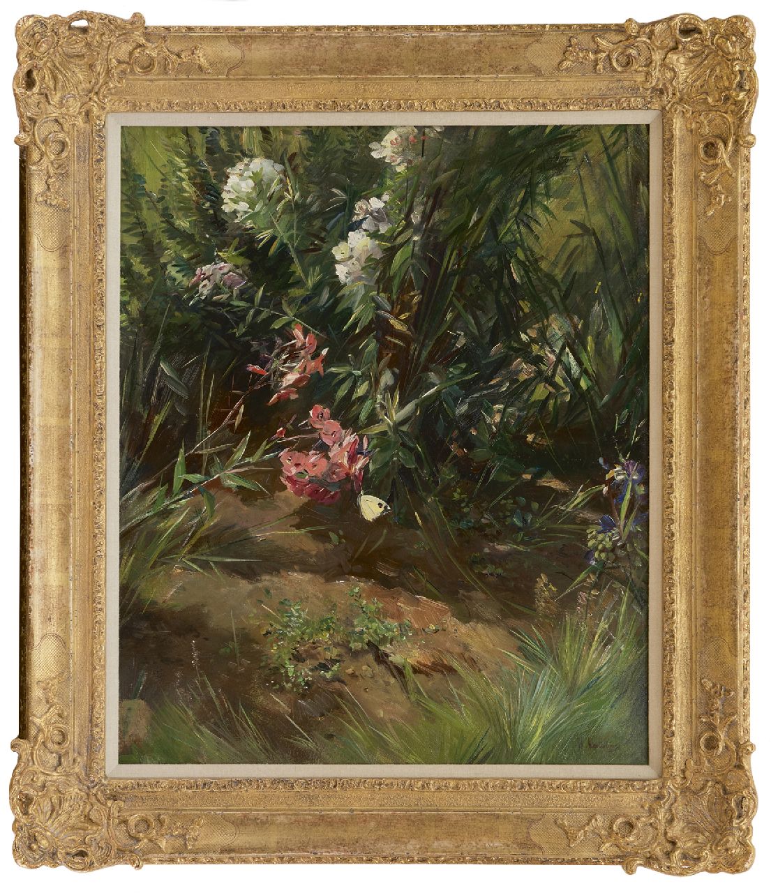 Korteling W.  | Willem Korteling | Gemälde zum Verkauf angeboten | Blumen im Gestrüpp mit Schmetterling, Öl auf Leinwand 60,2 x 50,2 cm, Unterzeichnet r.u.