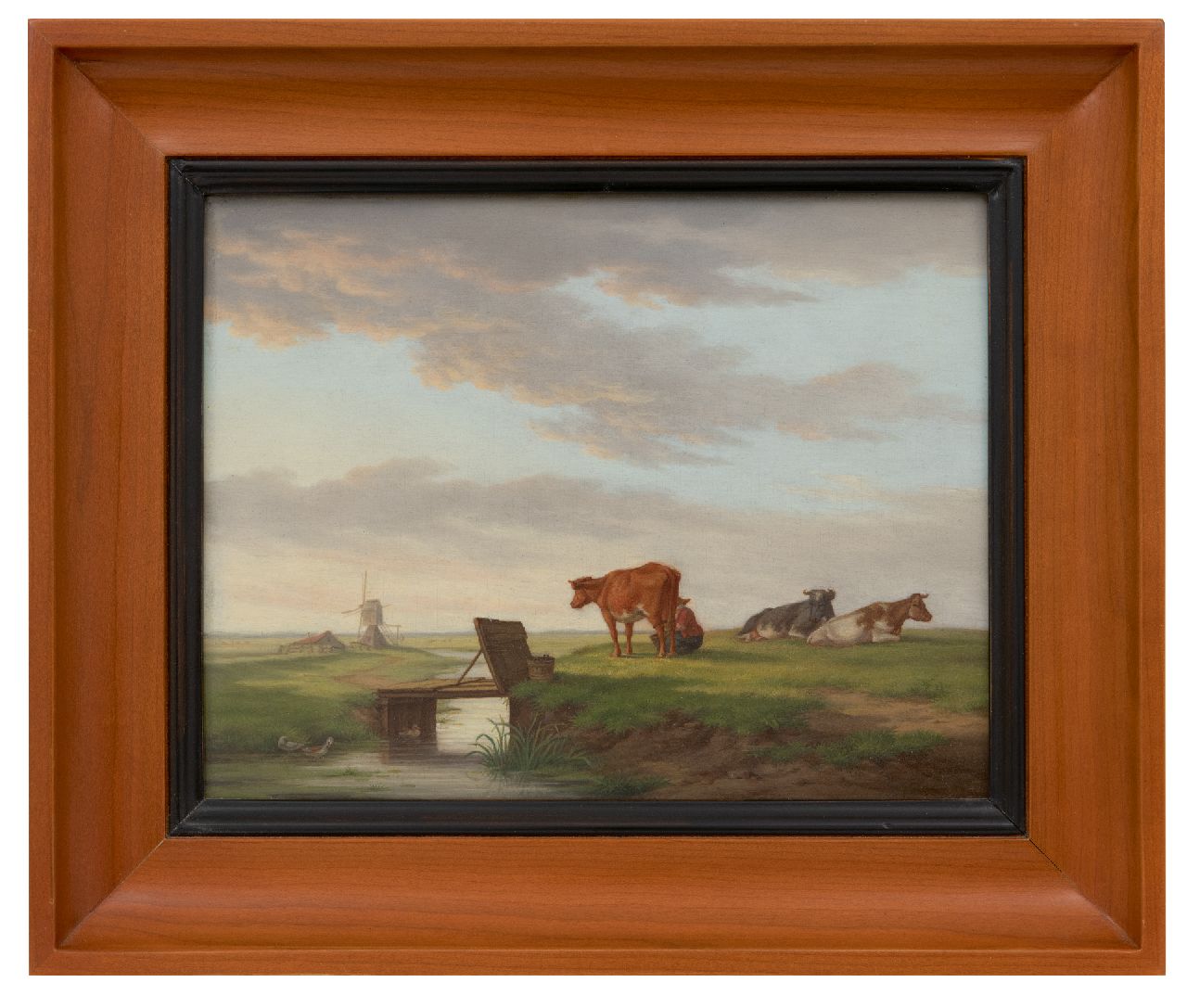 Burgh H.A. van der | Hendrik Adam van der Burgh | Gemälde zum Verkauf angeboten | Kühe in einer Landschaft mit Mühle, Öl auf Holz 20,4 x 26,3 cm, Unterzeichnet r.u. und datiert 1821