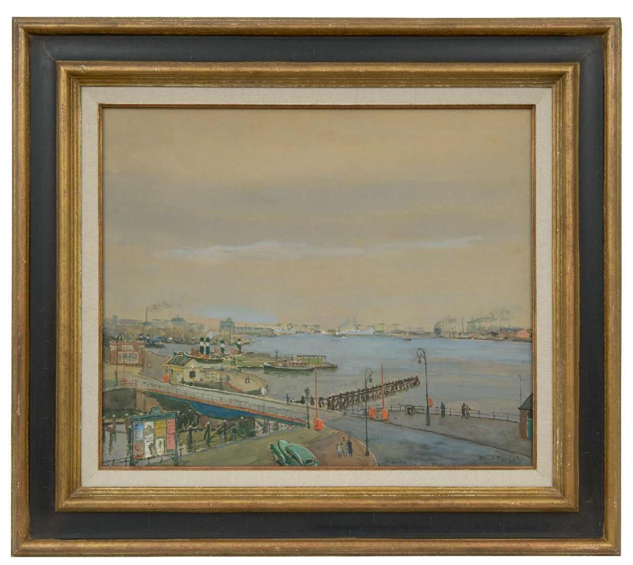 Peizel B.  | Bartele 'Bart' Peizel | Aquarelle und Zeichnungen zum Verkauf angeboten | Ansicht auf den Hafen von Amsterdam, Aquarell auf Malerholzfaser 49,1 x 58,8 cm, Unterzeichnet u.r.