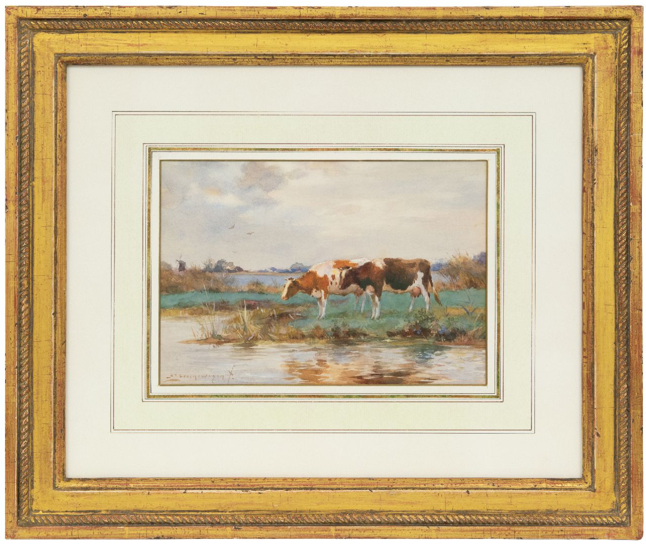 Groenewegen A.J.  | Adrianus Johannes Groenewegen | Aquarelle und Zeichnungen zum Verkauf angeboten | Trinkendes Vieh, Aquarell auf Papier 18,0 x 25,5 cm, Unterzeichnet l.u.