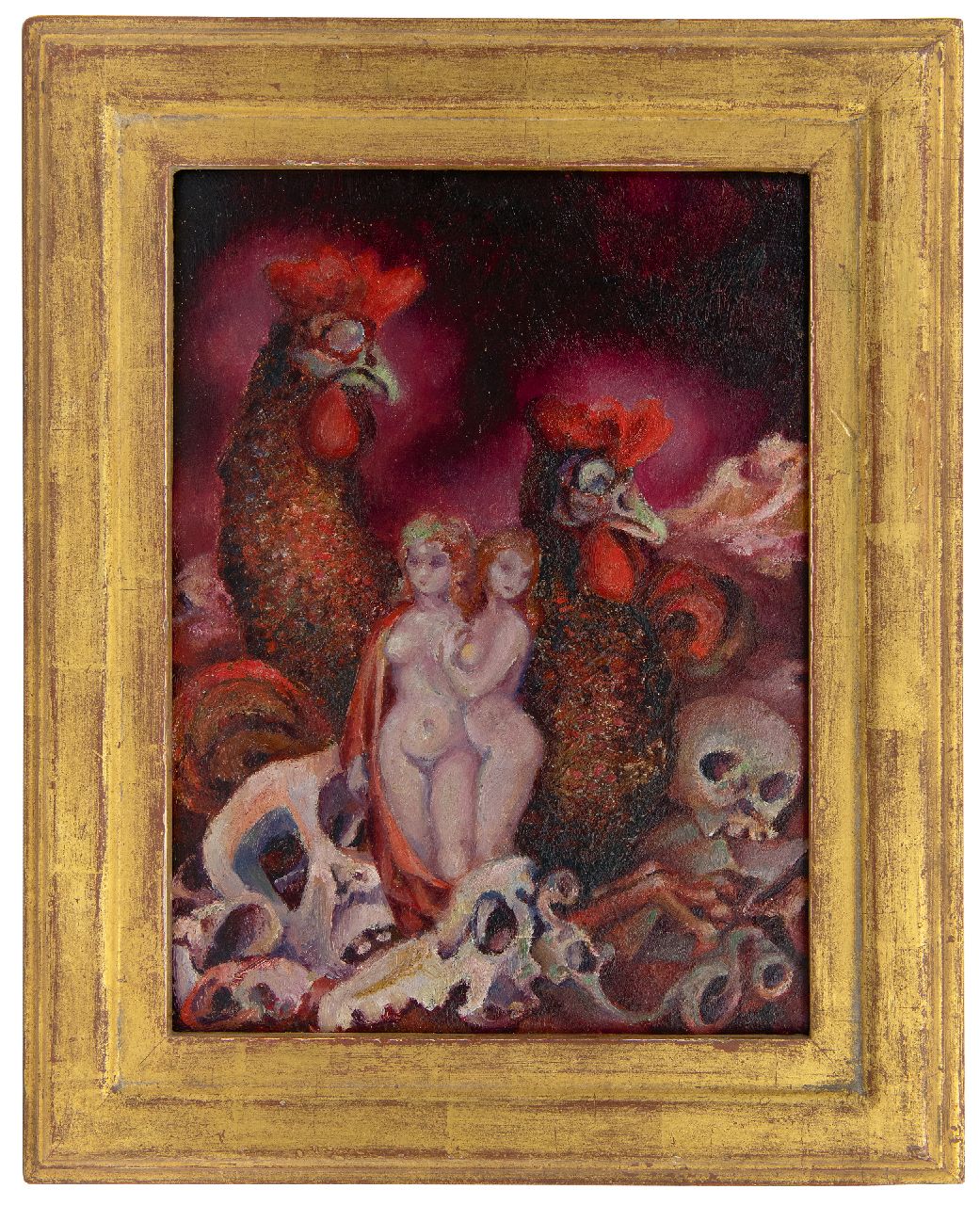 Schippers W.  | Willem 'Wim' Schippers | Gemälde zum Verkauf angeboten | Zwei weibliche Akte, Schädel und Hähne, Öl auf Holzfaser 32,0 x 23,9 cm, Unterzeichnet l.o. mit Monogramm und ohne Rahmen