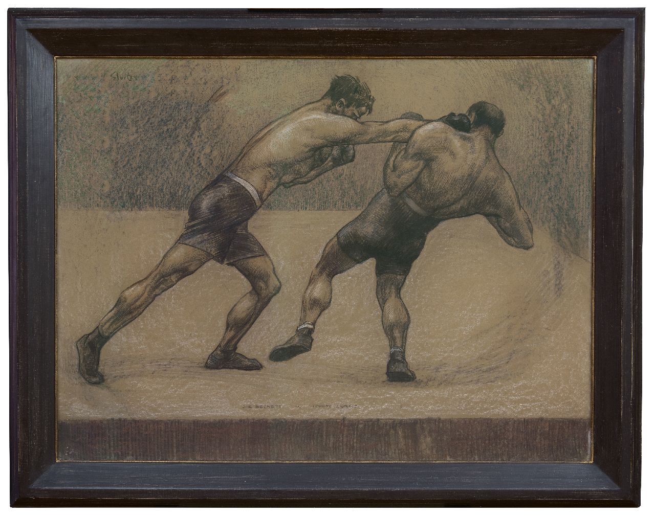 Sluiter J.W.  | Jan Willem 'Willy' Sluiter, Der Boxkampf von Joe Beckett gegen Tommy Burns, London 1920, Holzkohle und Pastell auf Papier auf Holzfaser 70,6 x 101,5 cm, Unterzeichnet o.l. und verso mit Namenstempel und datiert 'London' 1920