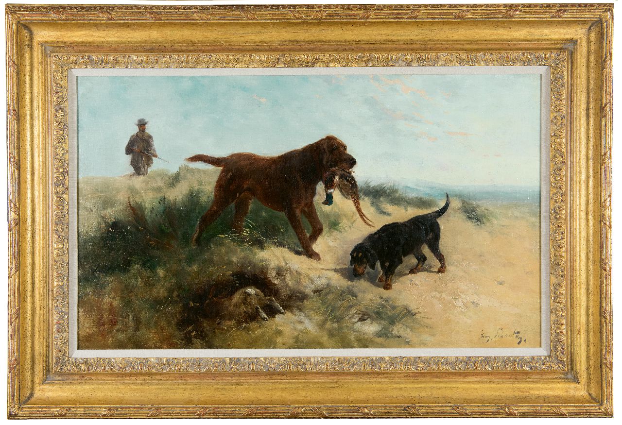 Schouten H.  | Henry Schouten | Gemälde zum Verkauf angeboten | Jäger mit Hunden in den Dünen, Öl auf Leinwand 43,0 x 72,9 cm, Unterzeichnet r.u.