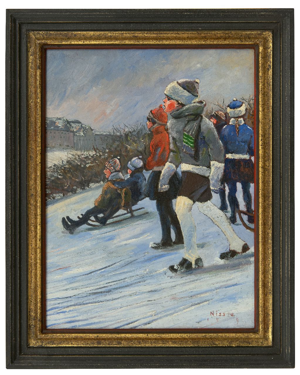 Nissle F.  | Fritz Nissle | Gemälde zum Verkauf angeboten | Kinder auf dem Schlitten auf einem Abhang, Öl auf Malerpappe 41,6 x 31,2 cm, Unterzeichnet r.u. und datiert 1919