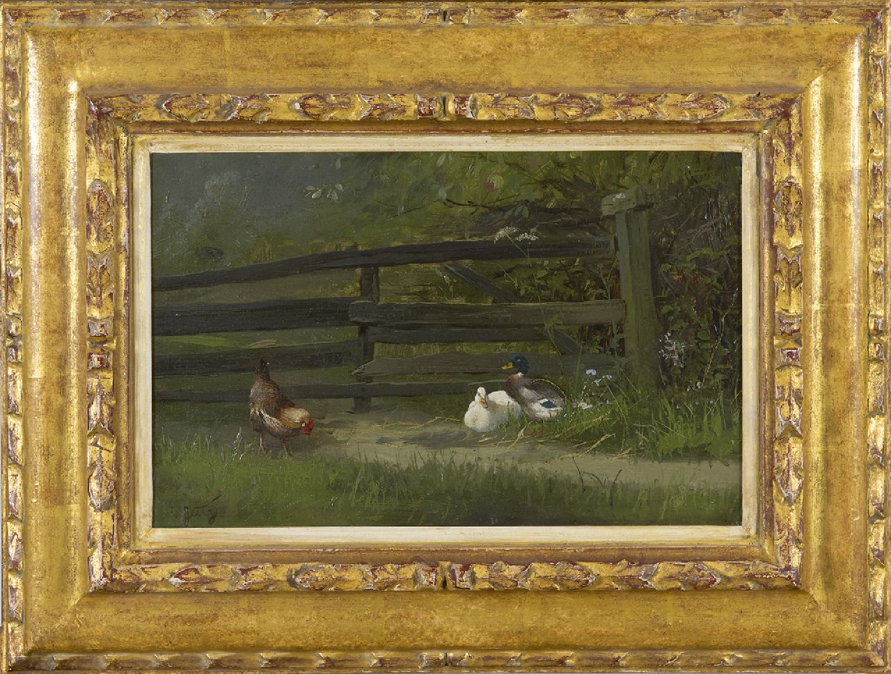 Jutz C.  | Carl Jutz | Gemälde zum Verkauf angeboten | Huhn und Enten am Gartentor, Öl auf Papier auf Holz 21,6 x 32,1 cm, Unterzeichnet l.u.