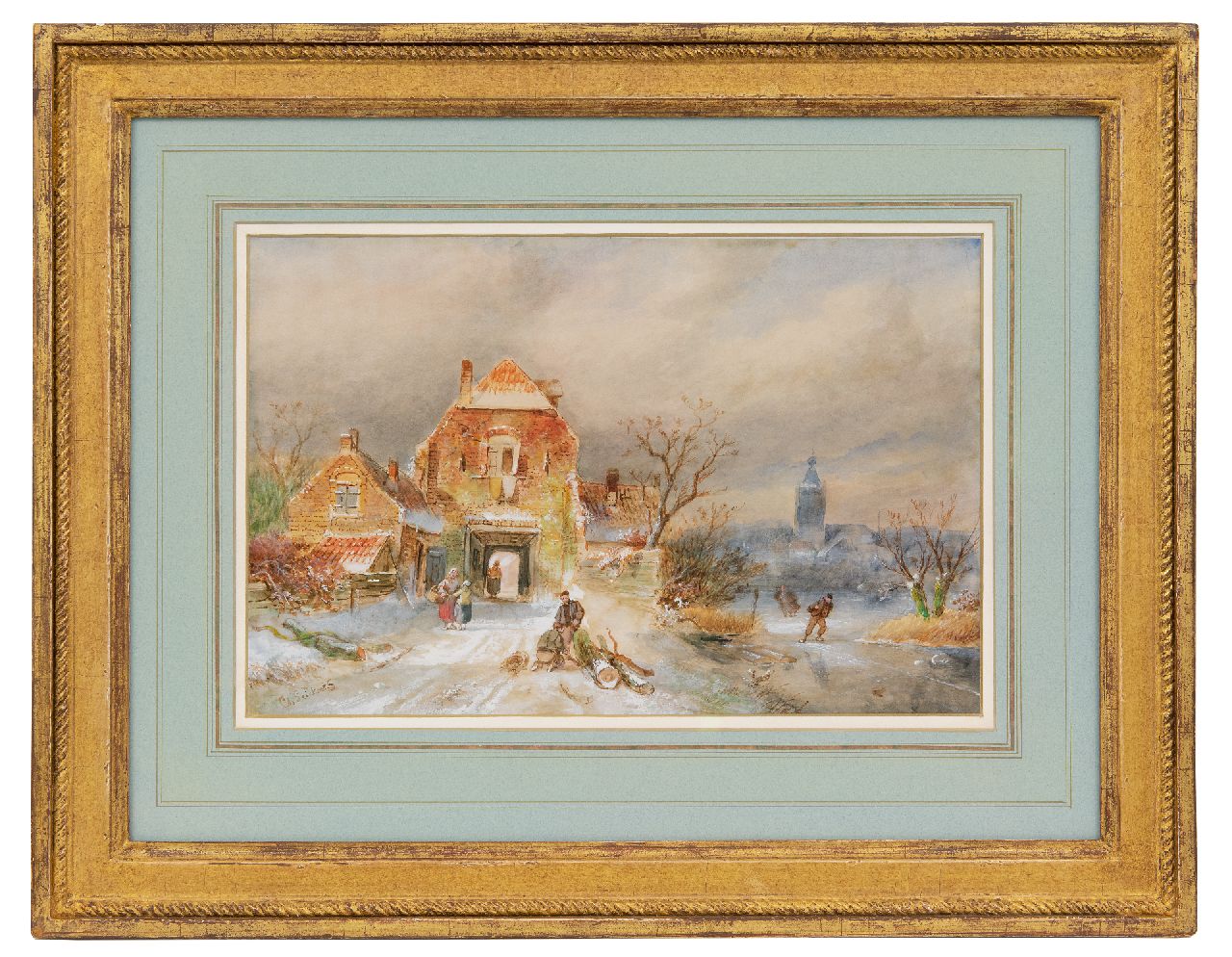 Leickert C.H.J.  | 'Charles' Henri Joseph Leickert, Winterlicher Dorfansicht mit Schlittschuhläufern, Aquarell auf Papier 23,1 x 34,8 cm, Unterzeichnet l.u.