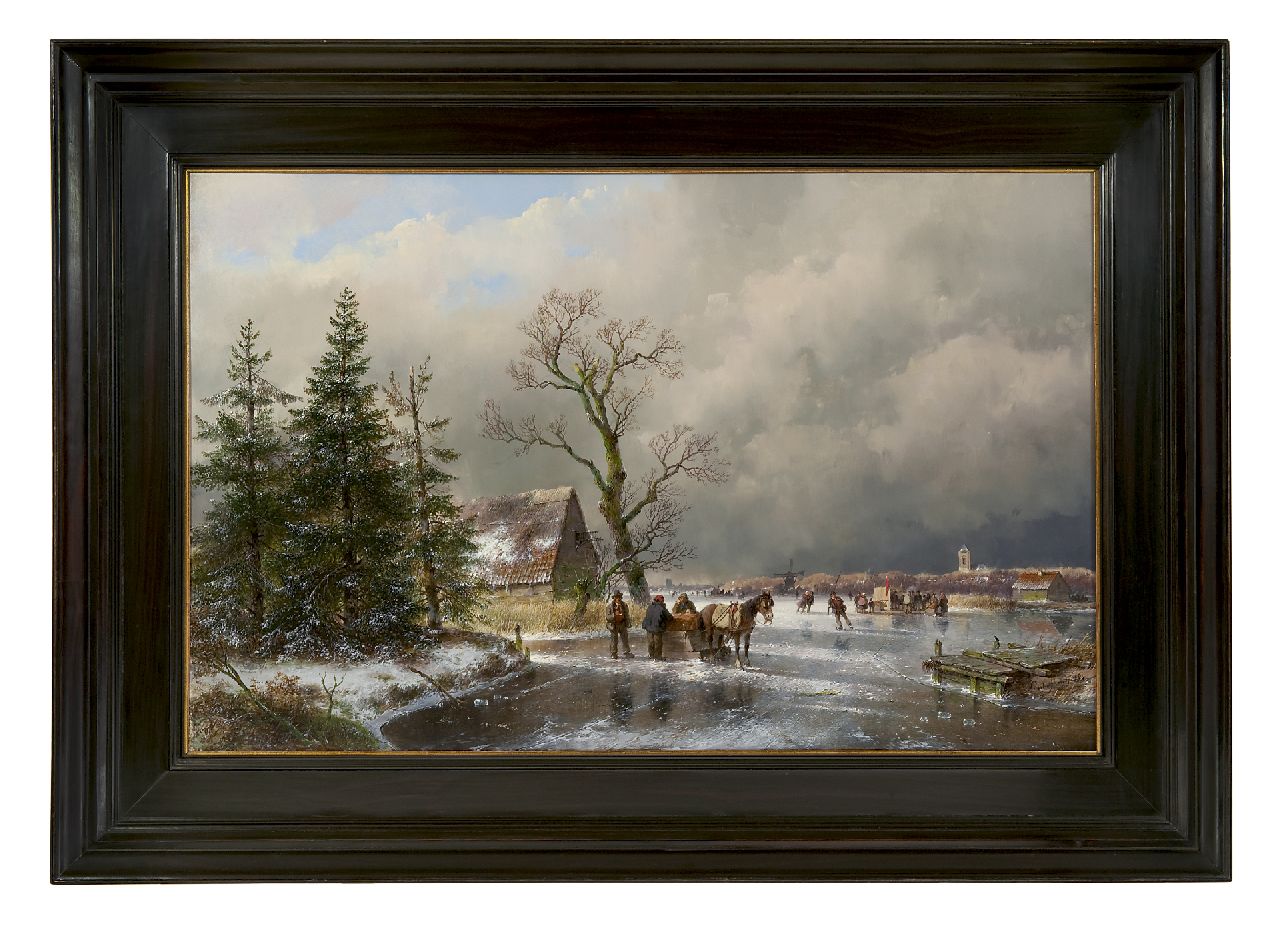 Schelfhout A.  | Andreas Schelfhout, Schlittschuhleute und Zugschlitten auf zugefrorenem Kanal, Öl auf Holz 52,2 x 83,0 cm, Unterzeichnet r.u. und datiert 1869